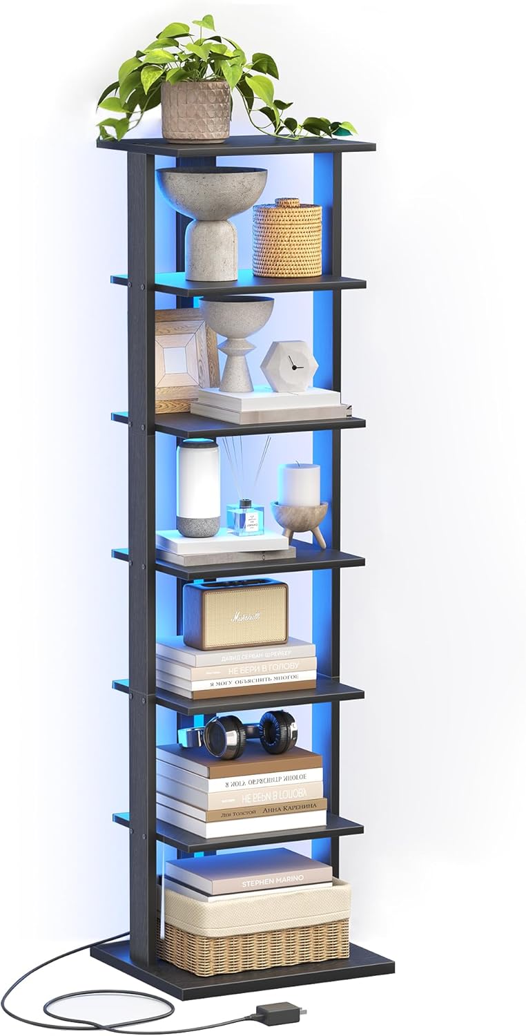 7-Tier Bookshelf, Narrow Bookcase with LED Lights, 47.2 Inch Book Shelf for Small Space, Display Storage Shelf for Living Room, Bedroom, Home Office, Study, Black