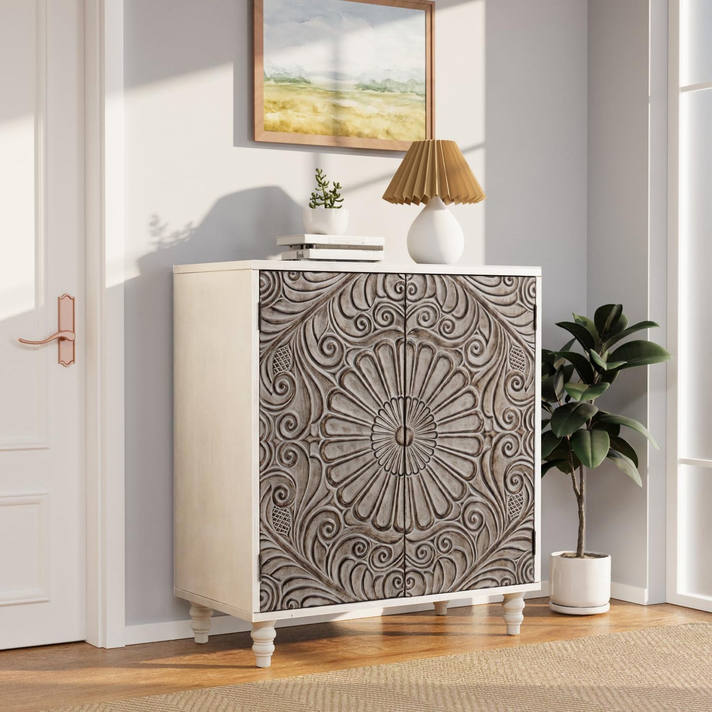 COSIEST 32" W Sideboard Buffet Cabinet with Storage, Accent Cabinet with 2 Push-to-Open Magnetic Doors, Vintage MDF Buffet Table for Living Room, Kitchen, Hallway (Gray,Flower Pattern)