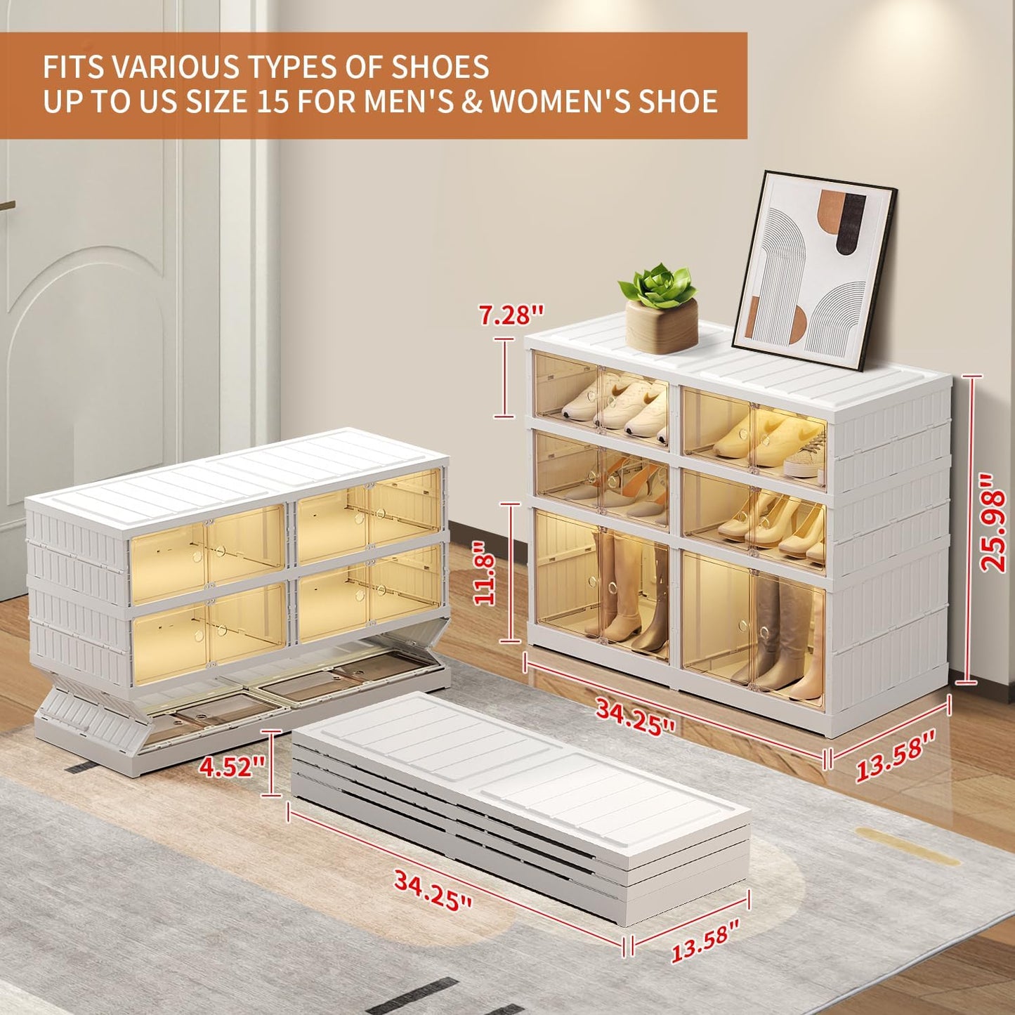3 Tier Foldable Shoe Rack Organizer for Closet 6-12Pairs Plastic Collapsible Shoe Racks Shelf for front door entrance Stackable Clear Folding Shoes Storage boxes XLarge Storage Cabinet