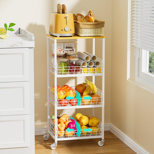 HapiRm Kitchen Fruit Vegetable Cart - 4 Tier Rolling Storage Rack with Wheels and Dividers, Coffee Station Cart Rack Shelf Organizer for Onion, Potato, Snack, Fruit, Vegetable Storage Stand, White