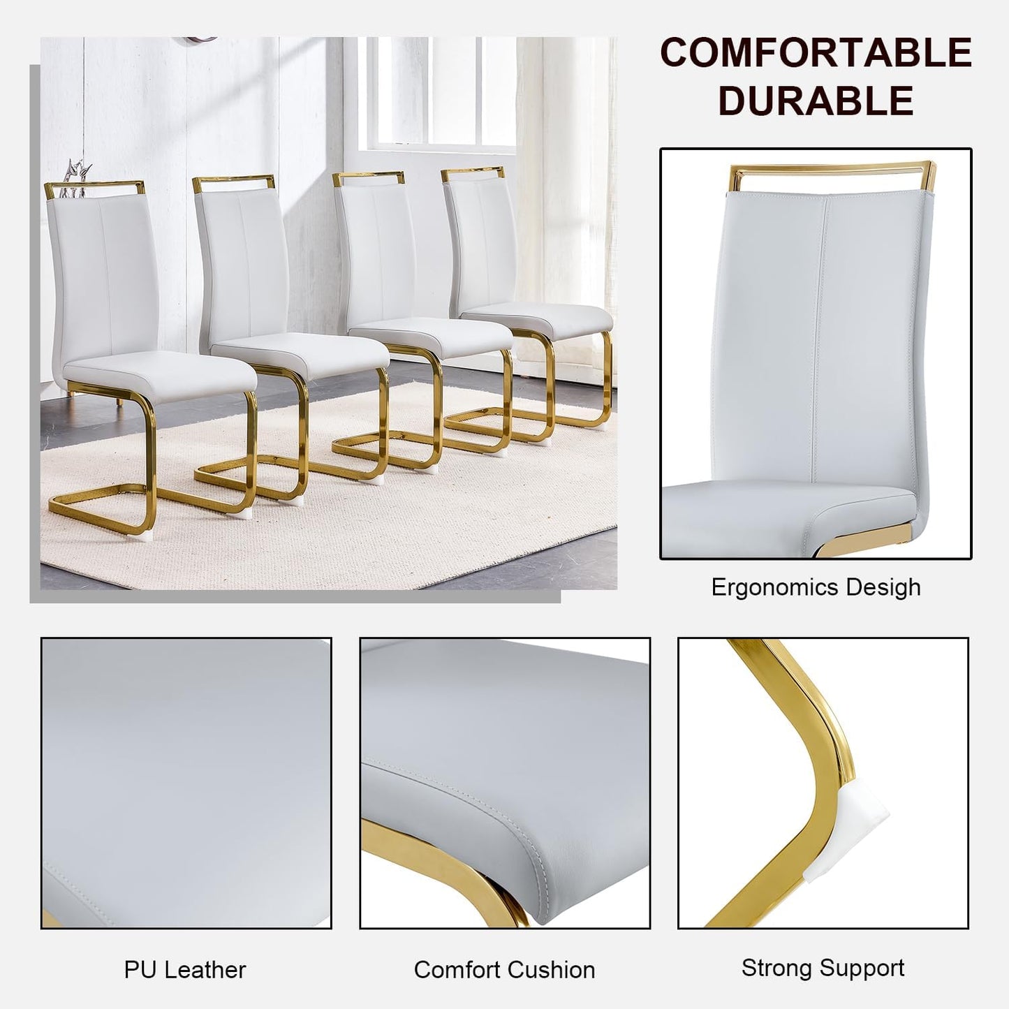 Modern Dining Chairs Set of 4,High Back Kitchen Chairs,Faux Leather Side Chair with Gold Plated Metal Legs,Easy to Clean Upholstered Dining Chairs,Ideal for Living Room(Gold Leg)