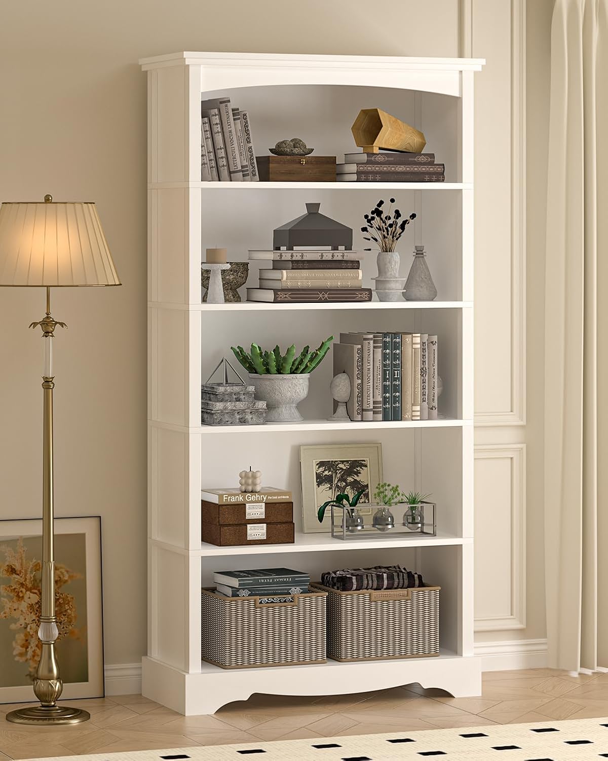 TVU 5-Tier Wood Book Shelf, 65 Inch Tall Bookshelf with Storage, Floor Standing Display Bookcase for Living Room, Office, Study Room, Entryway, White