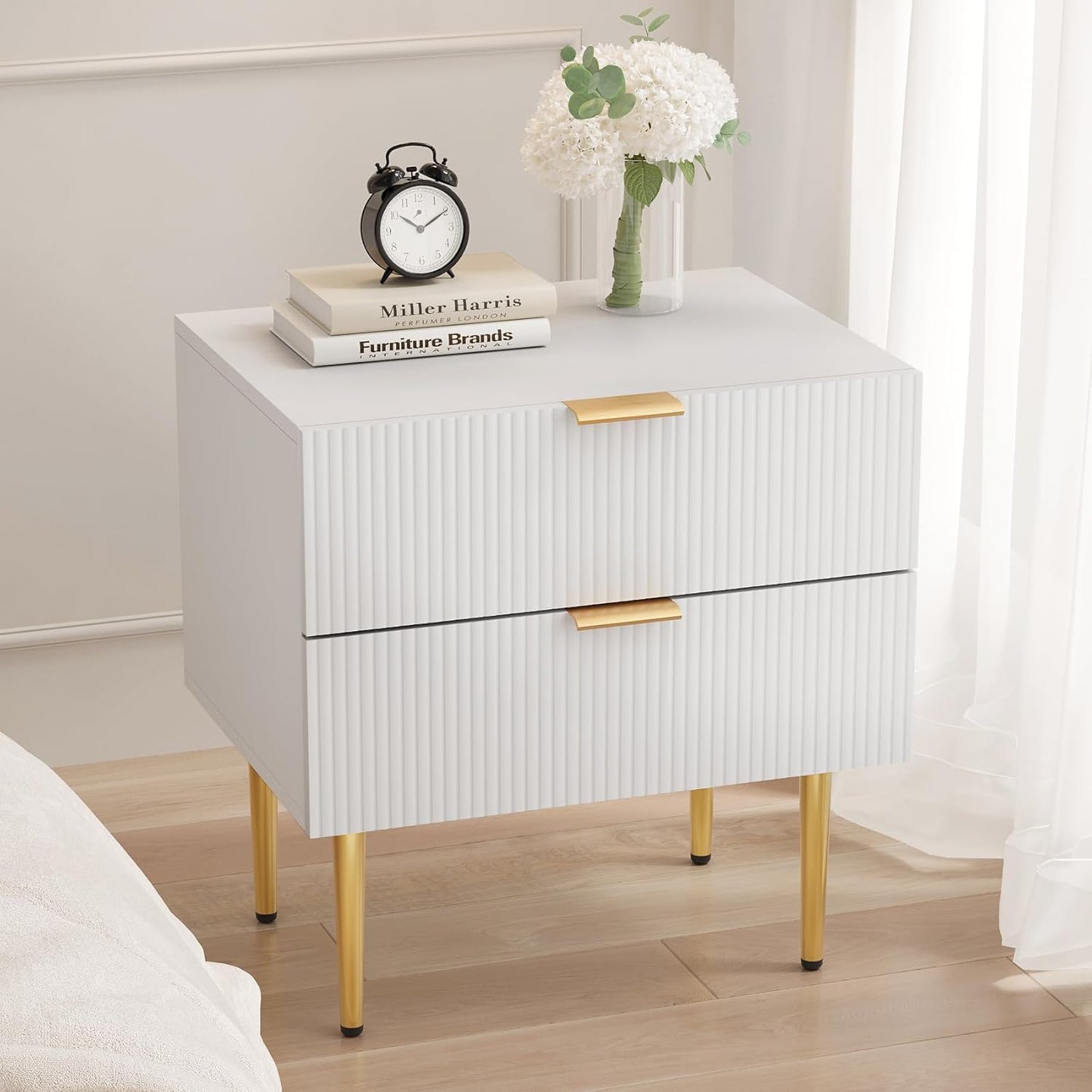 Nightstand, White Night Stand with Fluted Panel, Bedside Table with 2 Drawer, Large Mid Century Modern Nightstand with Gold Leg, End Tables for Bedroom