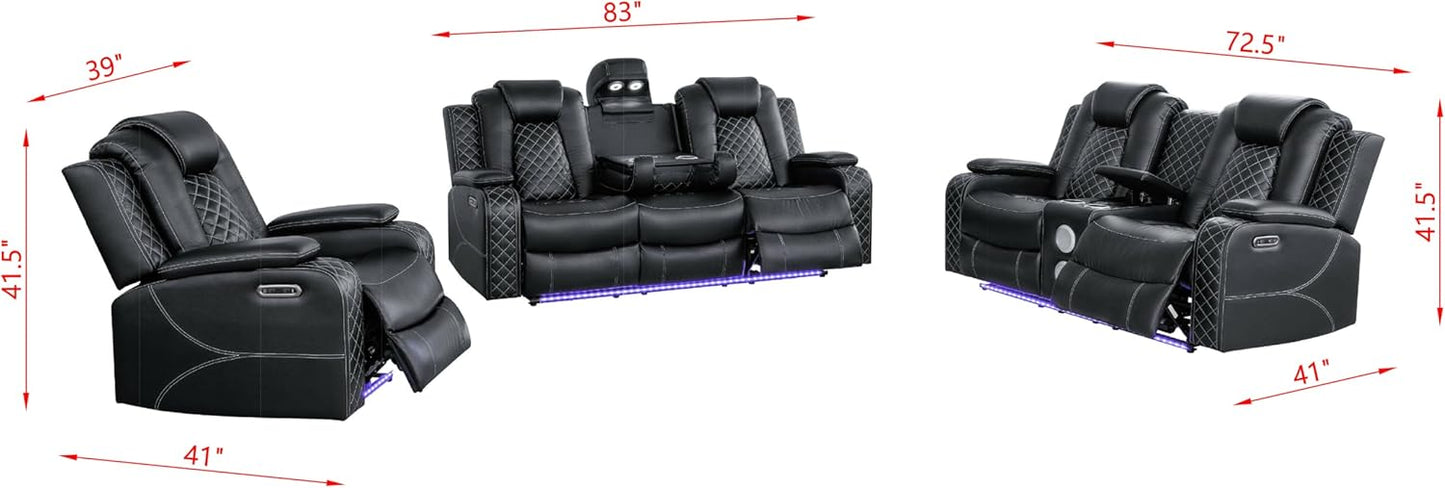 Ball & Cast Power Recliner Sofa Set Leather Reclining Sofa Set Living Room Furniture Set 3PCS Recliner Couch Loveseat and Chair Sets with LED,USB Charging,Cup Holders,Storage Console for Home Theater