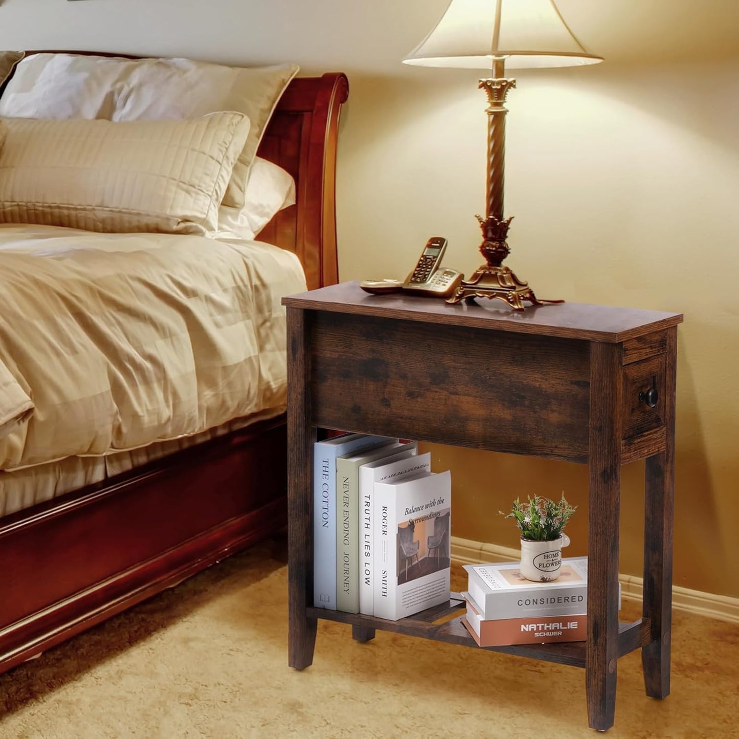Brown Chairside Narrow End Table, Solid Wood Recliner Side Table with Drawer, Slim Nightstand Bedside Table for Living Room Bedroom
