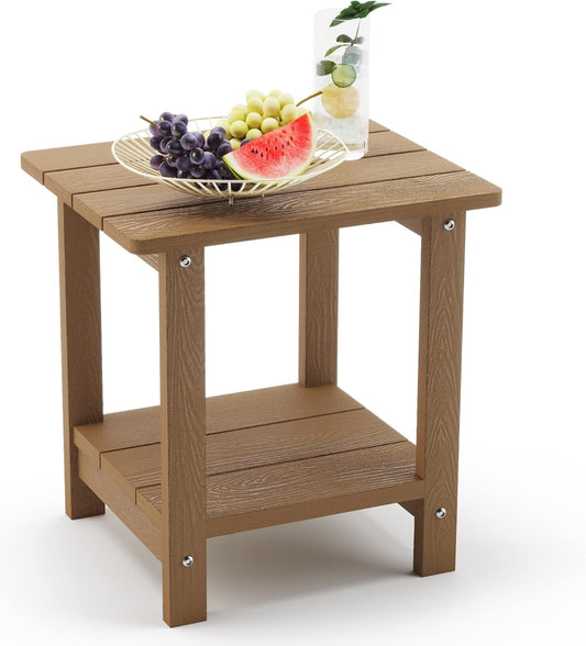LUE BONA Adirondack Outdoor Side Table, 2-Tier Brown HDPS Patio End Table Weather Resistant, Morden Side Table for Patio, Pool, Porch