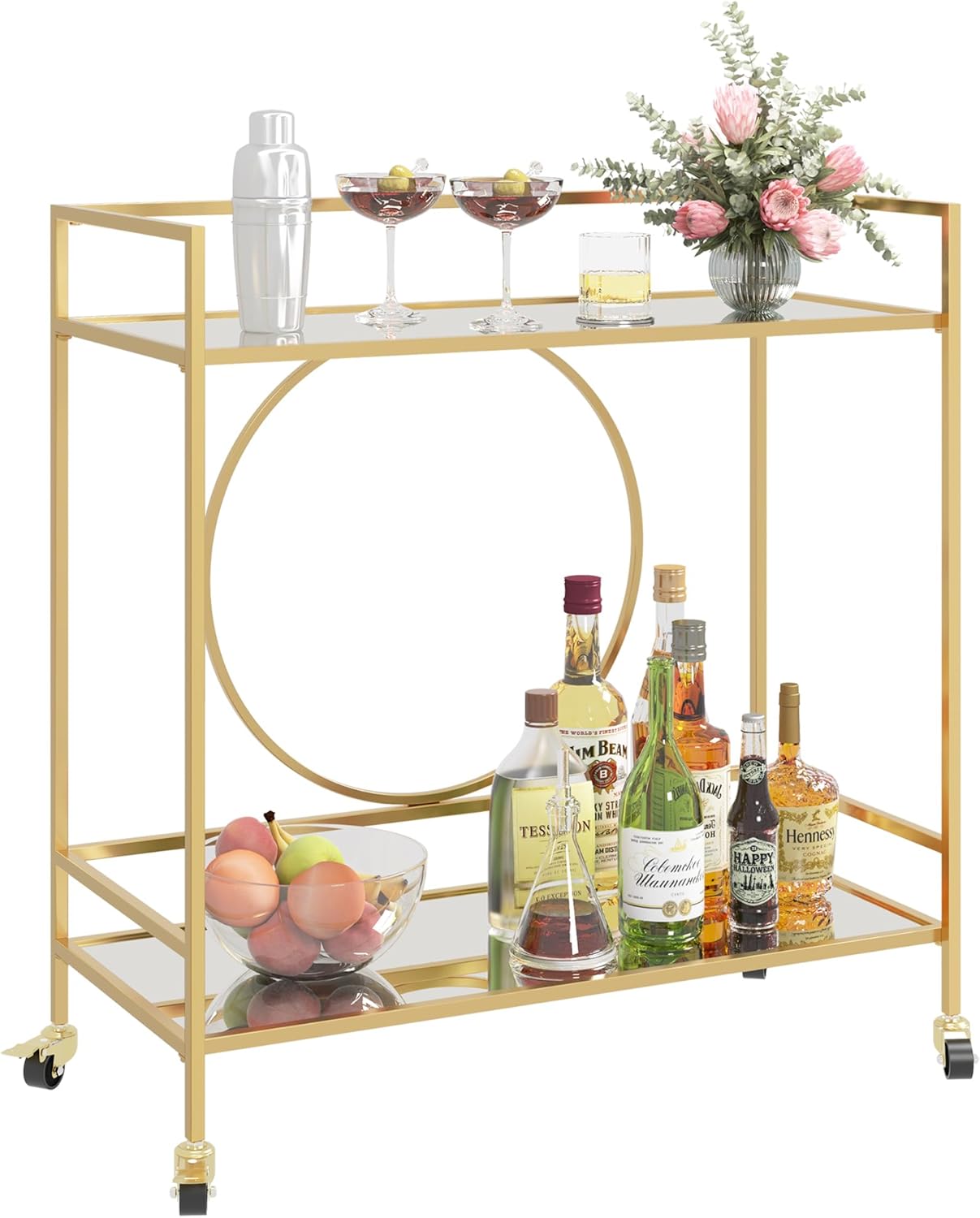 RiteSune Gold Bar Cart, Modern Wine Cart with Wheels, Home Bar Serving Carts with 2 Tier Mirrored Shelves, Wine Bar Carts for The Home, Dining Room, Kitchen