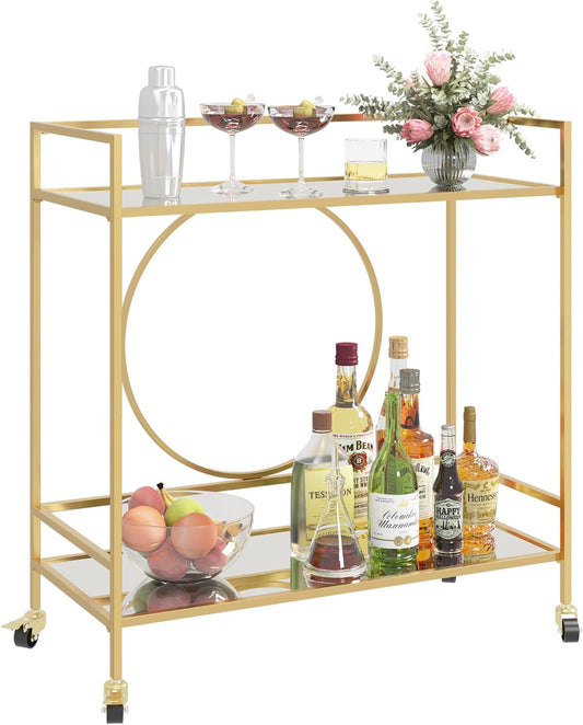 RiteSune Gold Bar Cart, Modern Wine Cart with Wheels, Home Bar Serving Carts with 2 Tier Mirrored Shelves, Wine Bar Carts for The Home, Dining Room, Kitchen