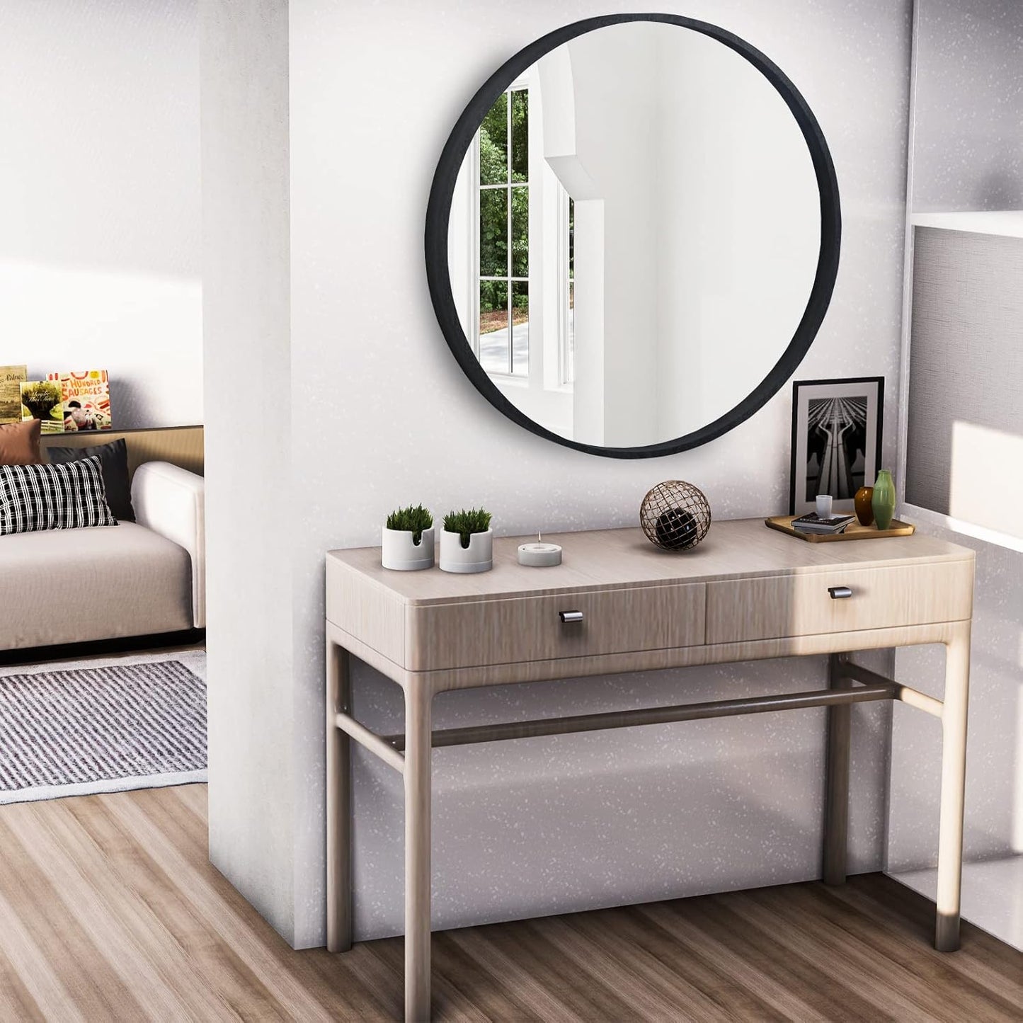 HOMECOOKIN Wood Round Wall Mirror, Large Circle Rustic Accent Decor Mirror, Hanging Bathroom with Frame for Living Room, Bedroom, Entryway, 24 inch, Black