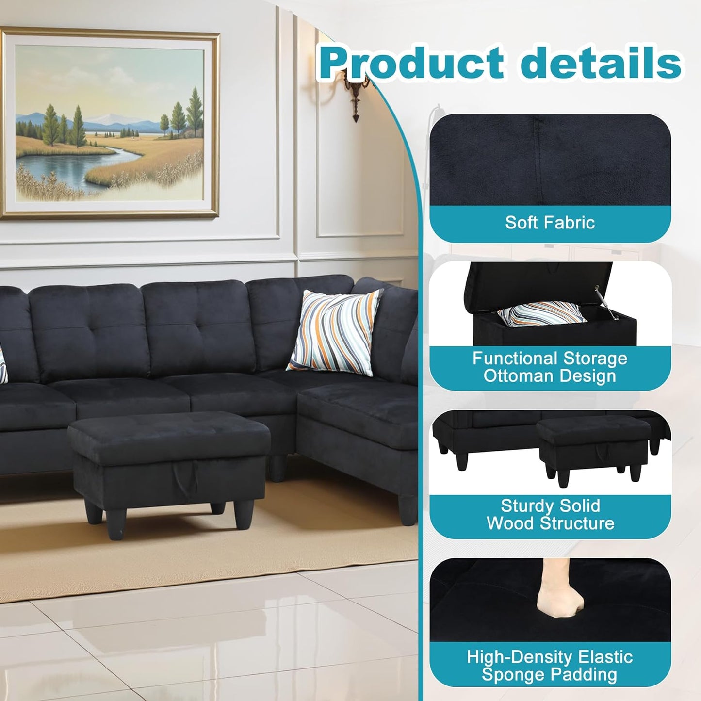 Couches for Living Room Modern L Shaped Couch Comfy Flannel Fabric 3 Pieces Sectional Sofa with Chaise, Ottoman with Storage for Office and Small Apartment, Black