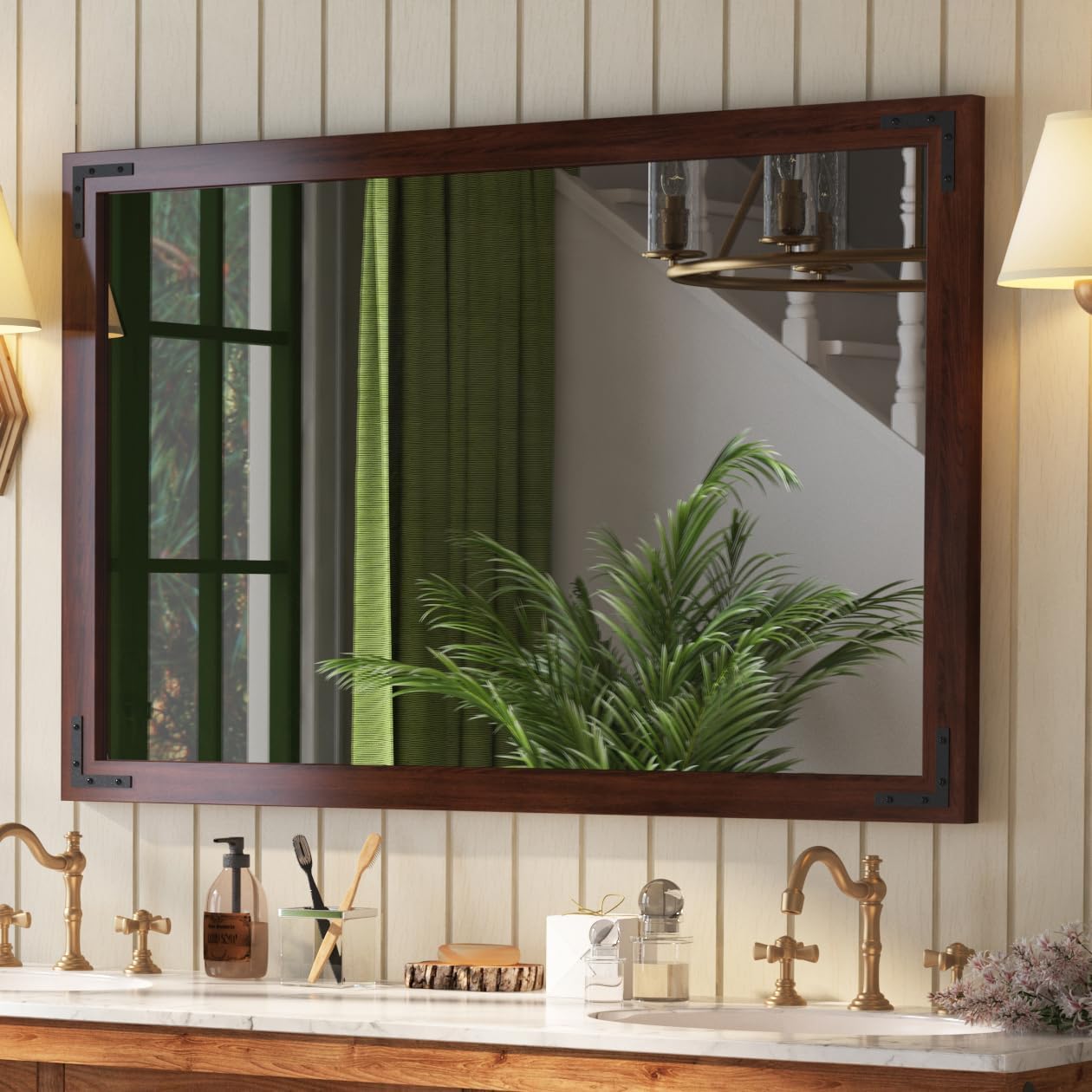 VocalStar Rustic Wood Framed Mirror 48 x 32 Inch, Natural Dark Brown Wooden Rectangle Bathroom Vanity Wall Mirror for Farmhouse Boho Decor, 1/4-inch Shatterproof Glass | Waterproof