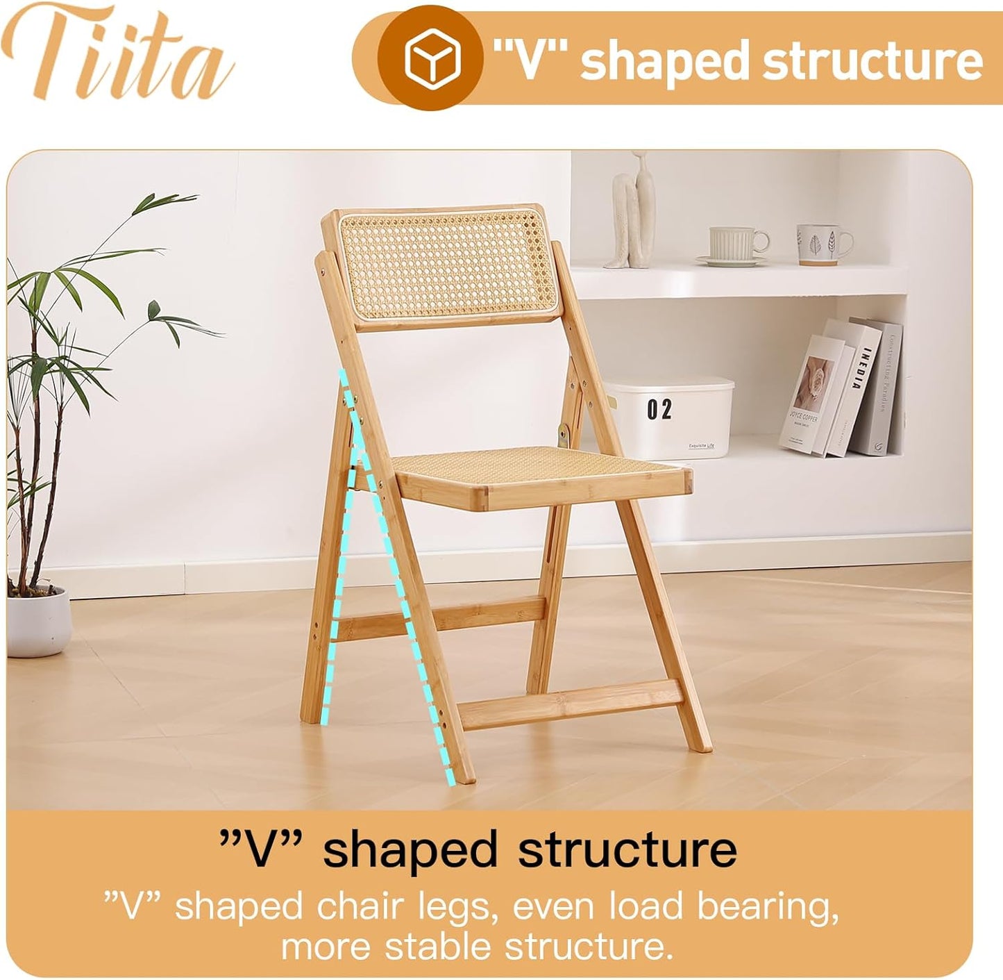 Tiita Rattan Dining Chairs Set of 1, Mid Century Modern Folding Chair, Bamboo Folding Dining Chairs for Small Space, Dining Room, Living Room, Bedroom, Wood