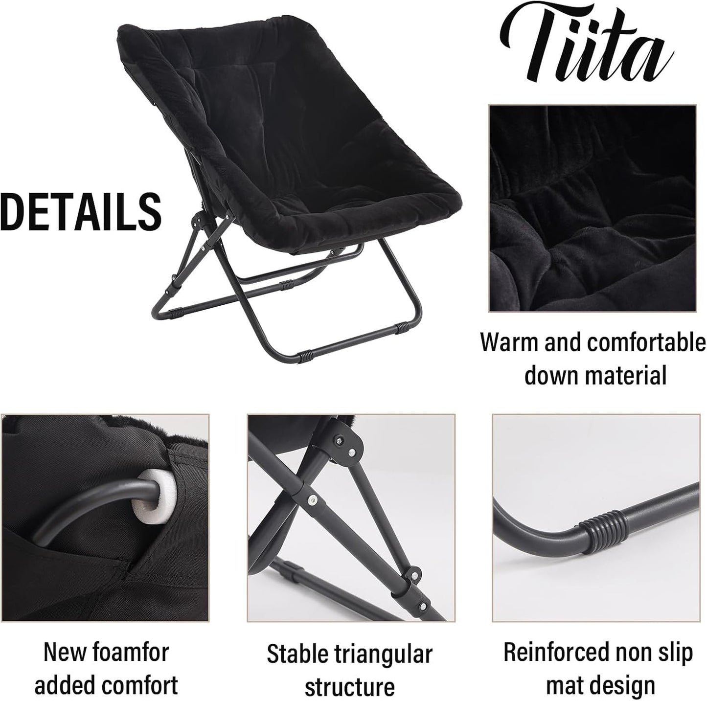 Tiita Folded Chair with Ottoman, Soft Faux Fur Oversized Folding Accent Chair,Lounge Lazy Chair, Metal Frame Moon Chair for Bedroom, Living Room, Dorm Rooms, Garden and Courtyard