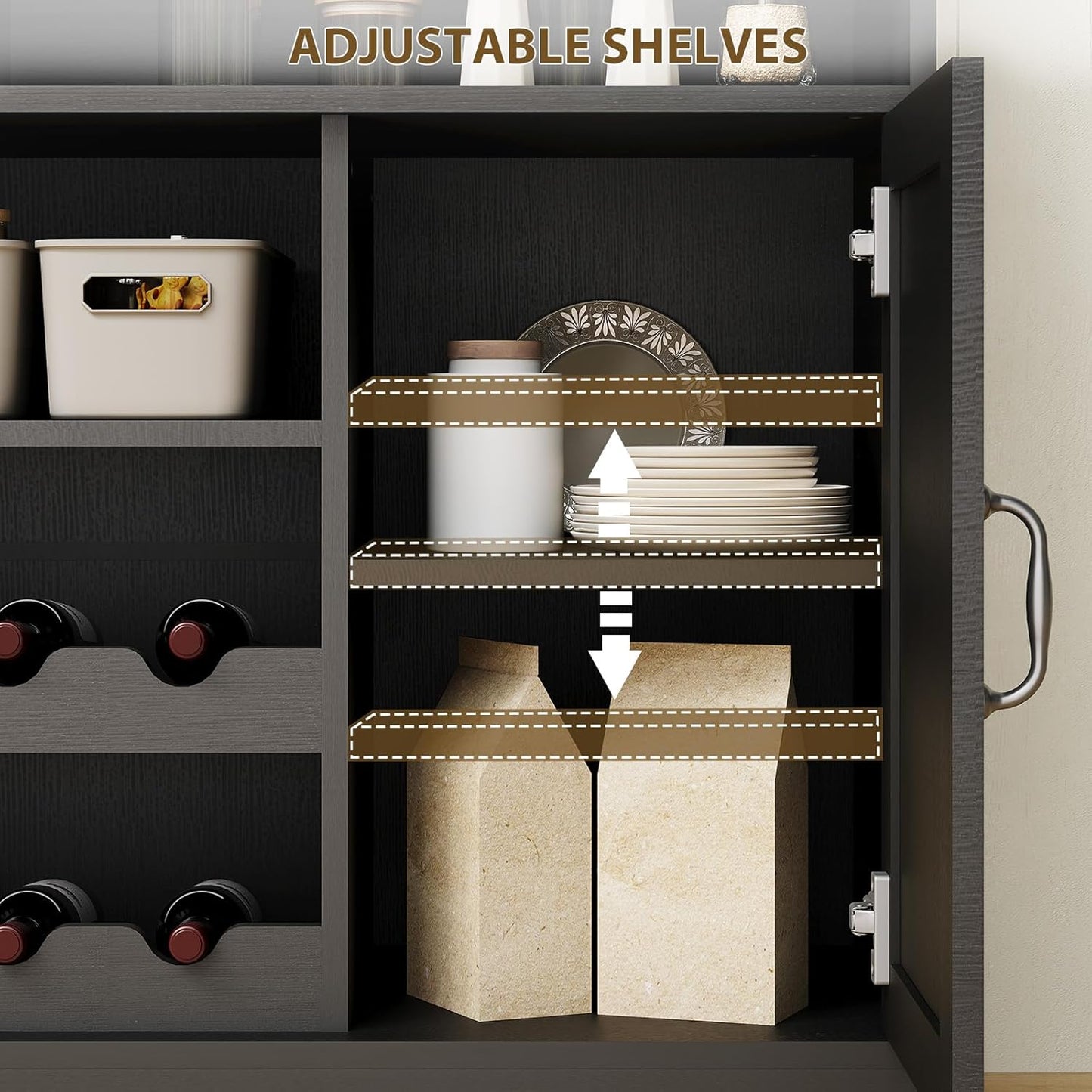 47" Farmhouse Buffet Sideboard Cabinet with Power Outlets Coffee Bar Cabinet with Storage, Large Buffet Storage Cabinet Table with Wine Racks, Goblet Holder, Hooks for Kitchen, Dining Room, Black