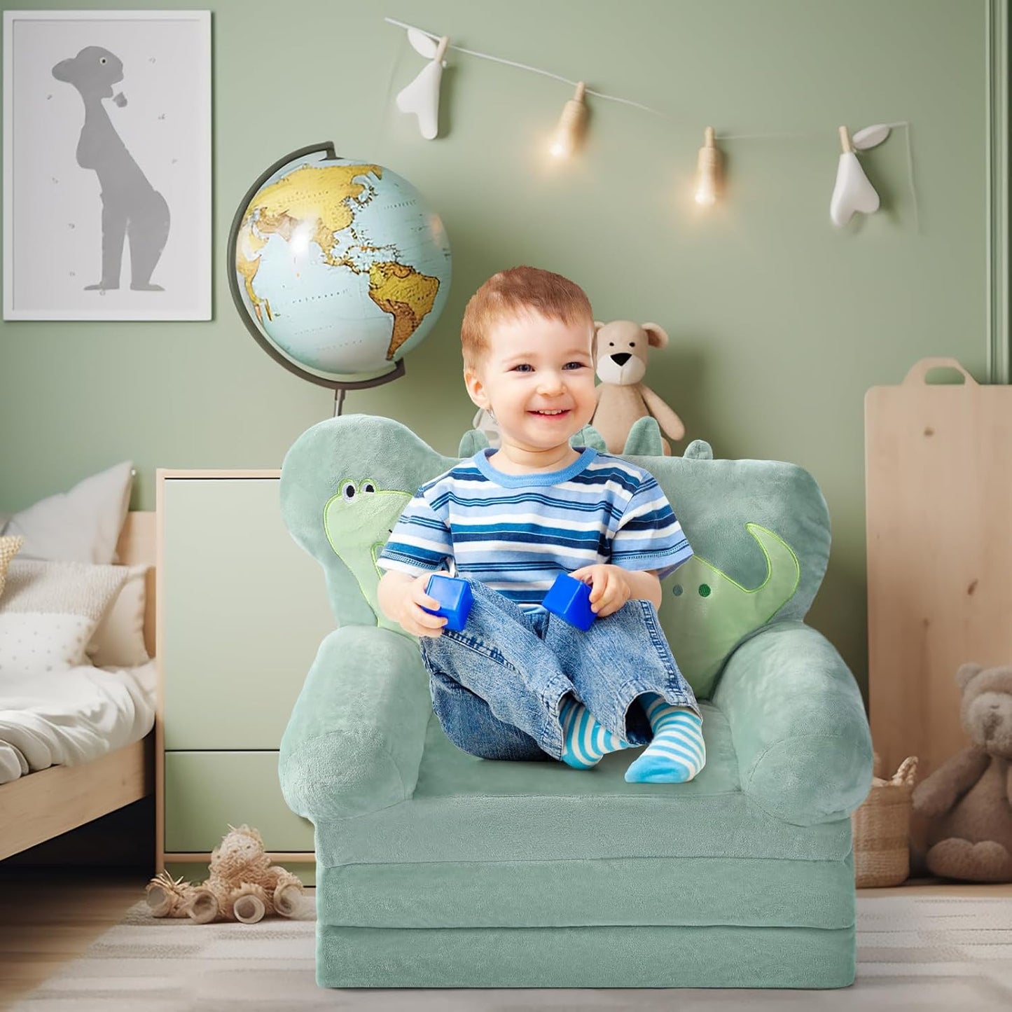 Dinosaur Kids Couch Fold Out 2-in-1 Toddler Sofa Fold Out with Blanket, Soft Toddler Chair Comfy for Boys Girls Baby, Convertible Sofa to Lounger for Napping Reading Playing Christmas, Green