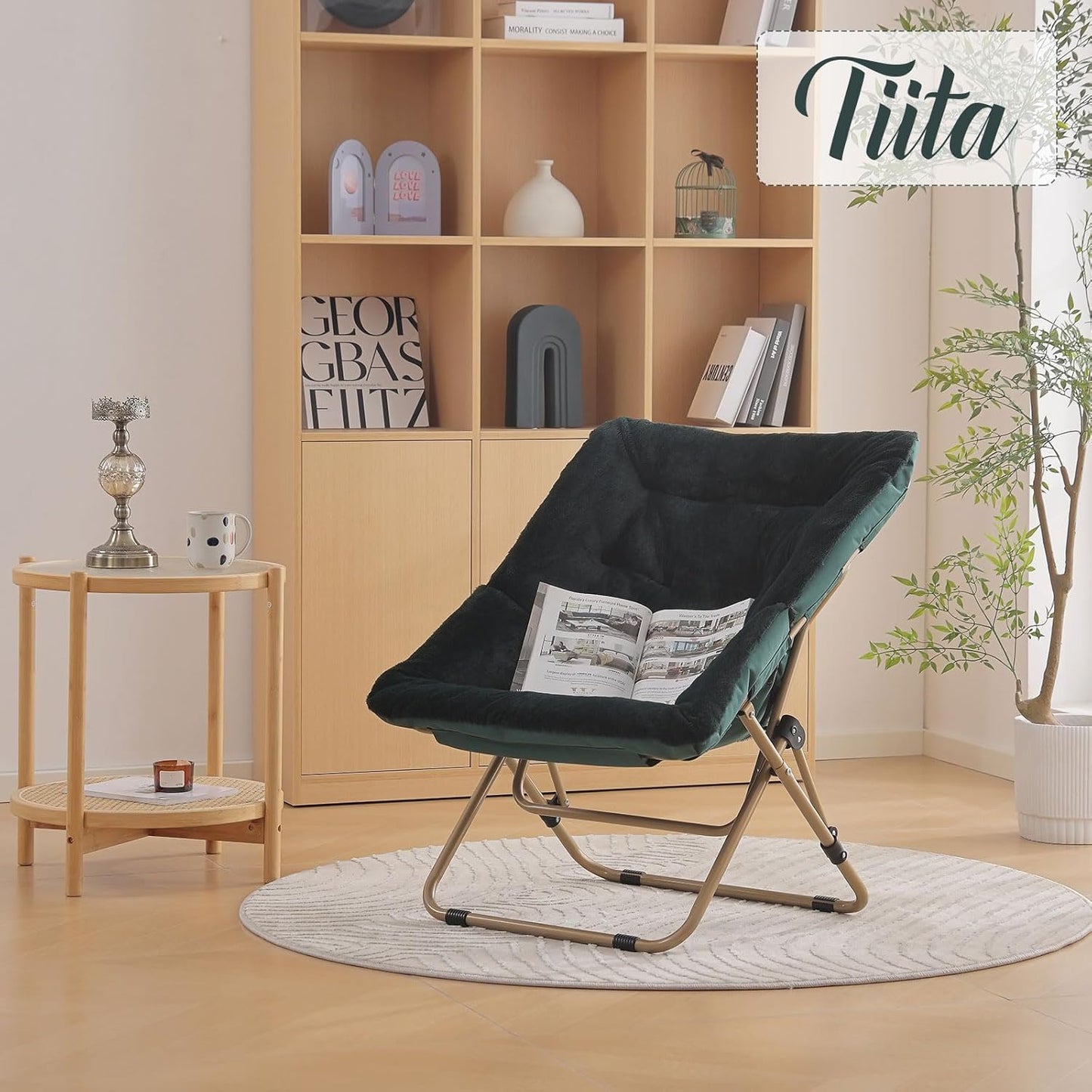 Tiita Comfy Saucer Chair, Soft Faux Fur Oversized Folding Accent Chair, Lounge Lazy Chair for Kids Teens Adults, Metal Frame Moon Chair for Bedroom, Living Room, Dorm Rooms