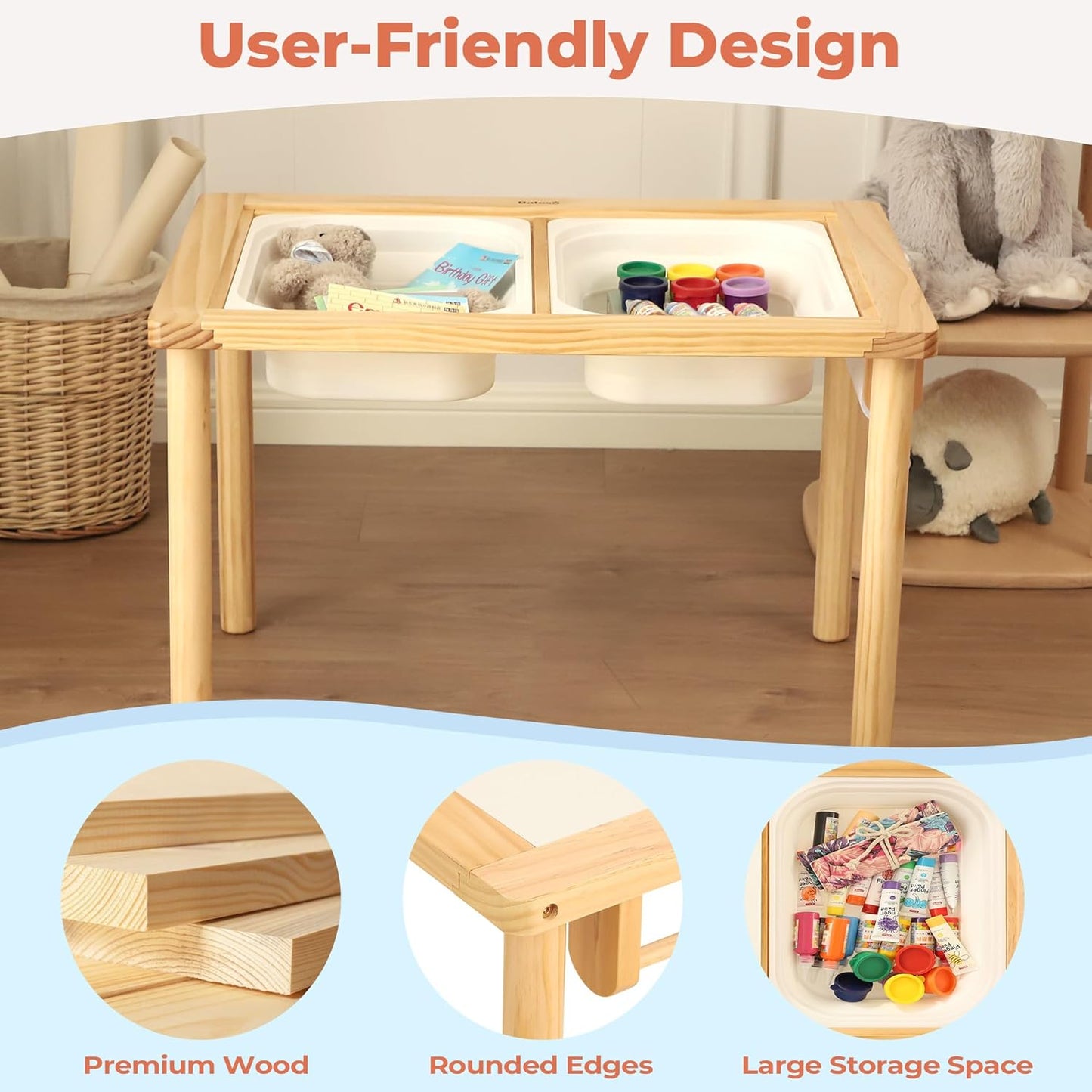 Sensory Table for Toddlers with 2 Storage Bins, Wooden Activity Table with Double-Sided Boards, Sand and Water Play, Indoor & Outdoor Use