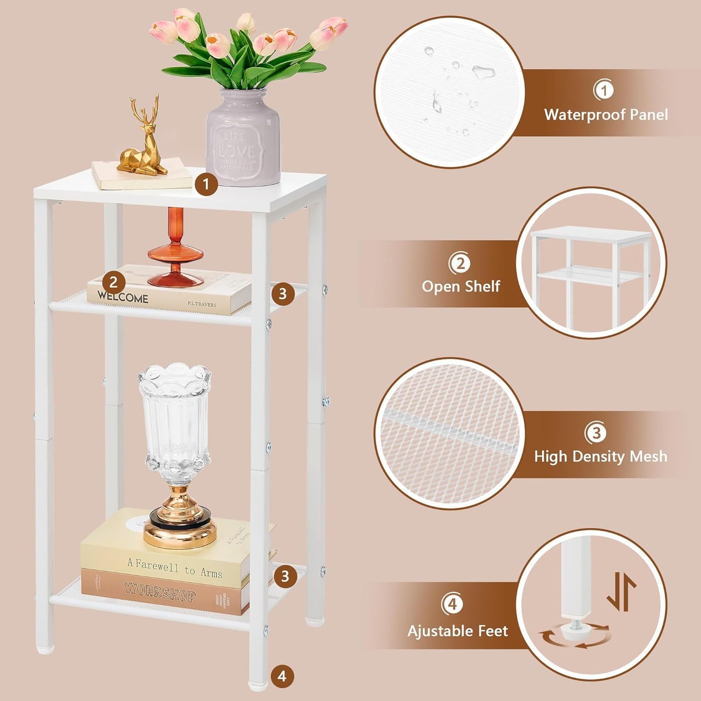 Hoctieon 2-Set 3 Tier End Table, Telephone Table Set of 2, Tall Side Table with Storage Set of 2, Small Nightstand for Small Spaces, Metal Frame, White