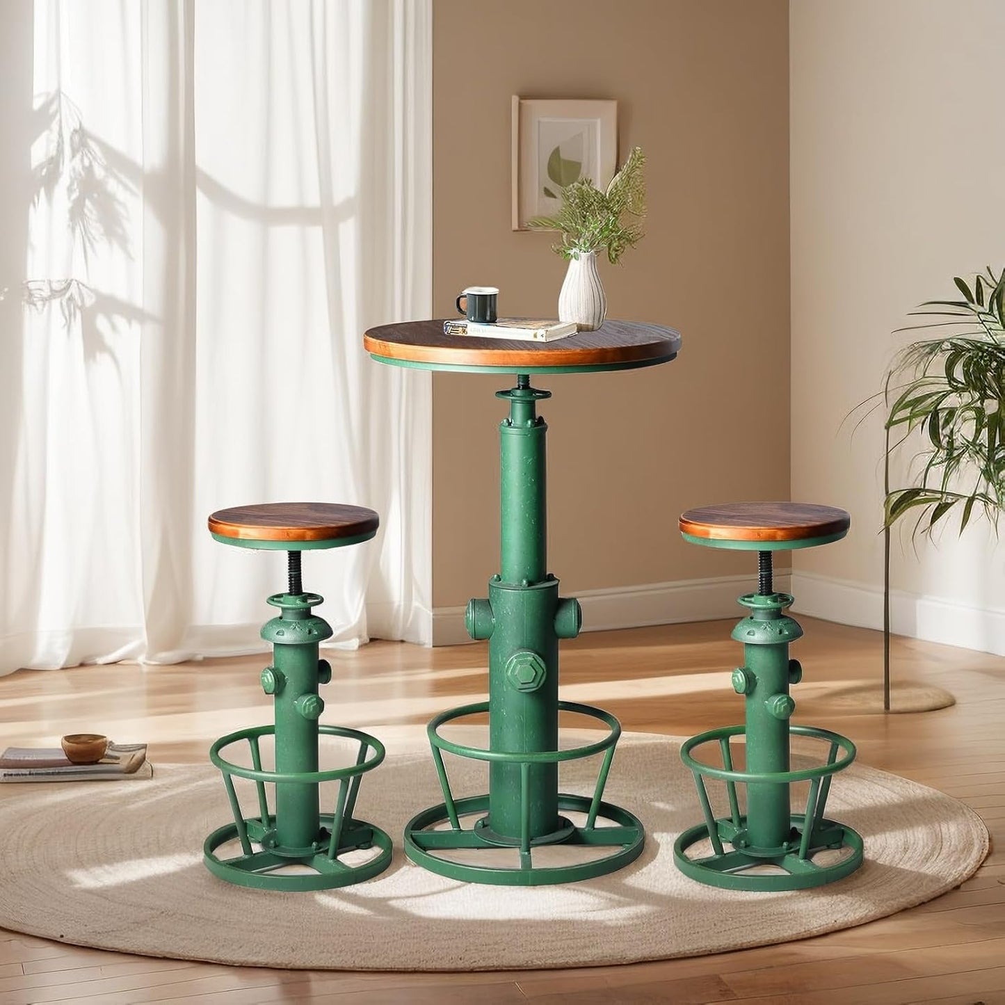 Farmhouse Bistro Bar Table Vintage Round Pub Table Industrial Coffee Table Breakfast Dinner Table for 2-3 People 38.6-44.4inch Height Adjustable Swivel Wooden Table Top