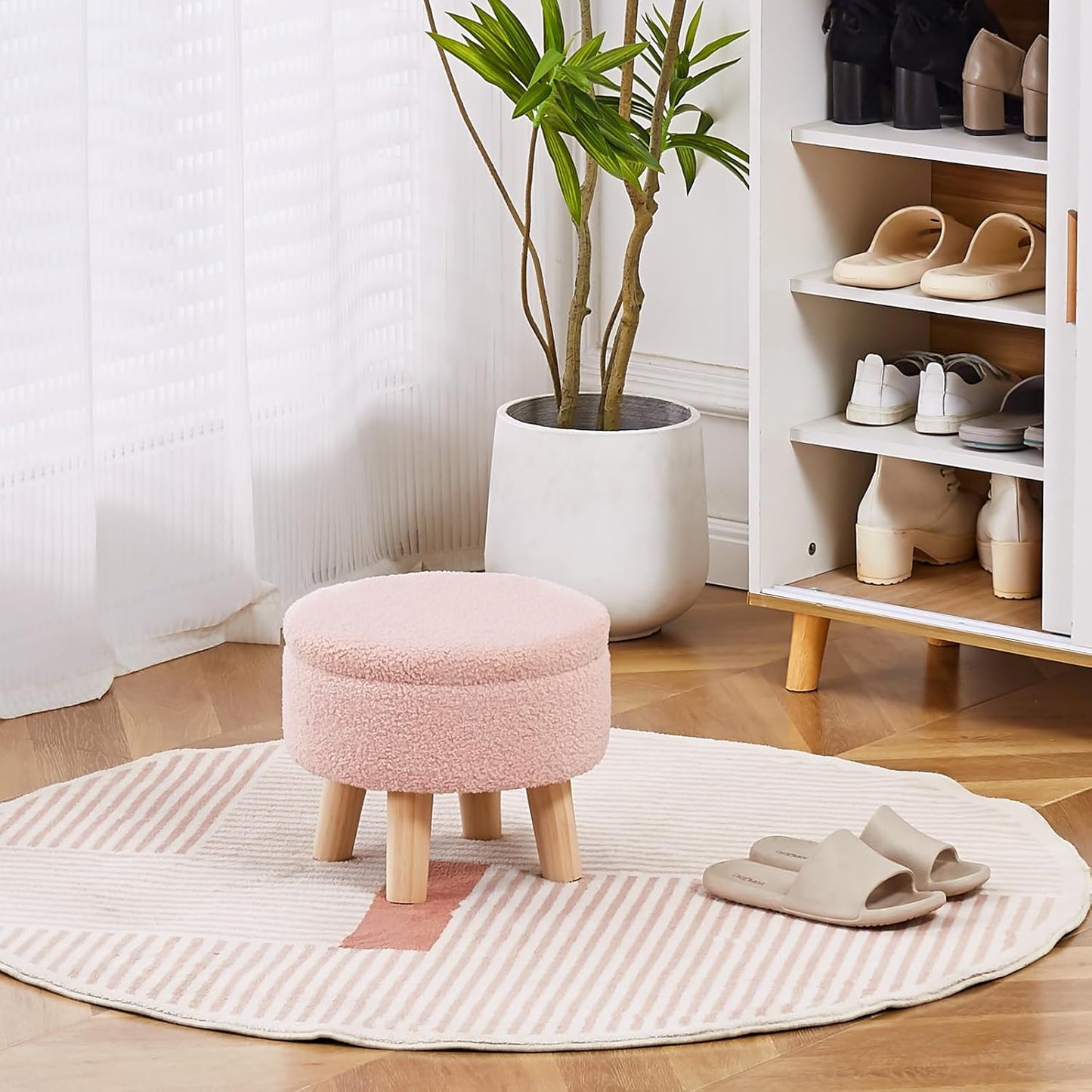 Wimarsbon Storage Ottoman, Modern Round Footrest with Soft Padded Seat, Teddy Velvet Footstool with Wood Legs, Accent Small Table or Plant Stand for Hallway, Living Room (Pink)
