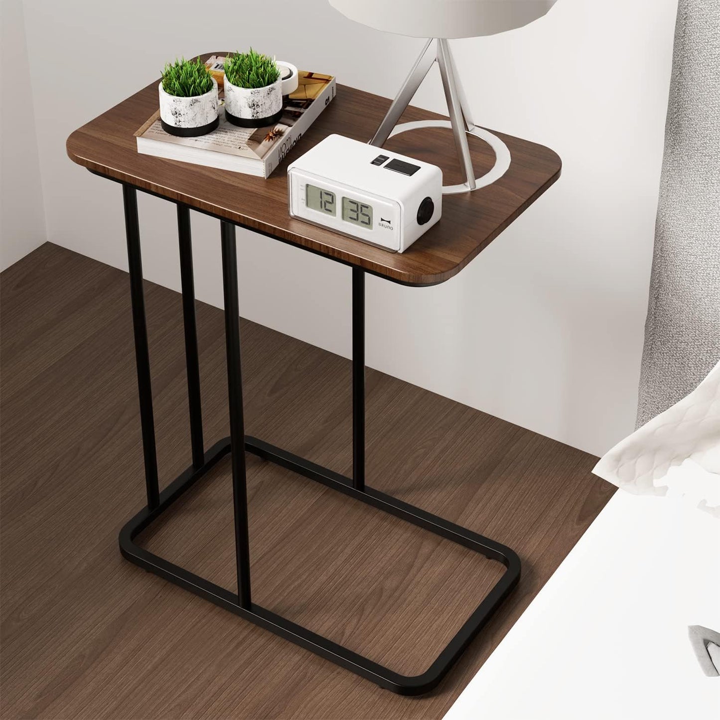C Shaped Side Table, Small End Table MDF Black Walnut Coffee Table, Modern Simplicity C End Table with Steel Frame for Living Room, Bedroom (Black Walnut)