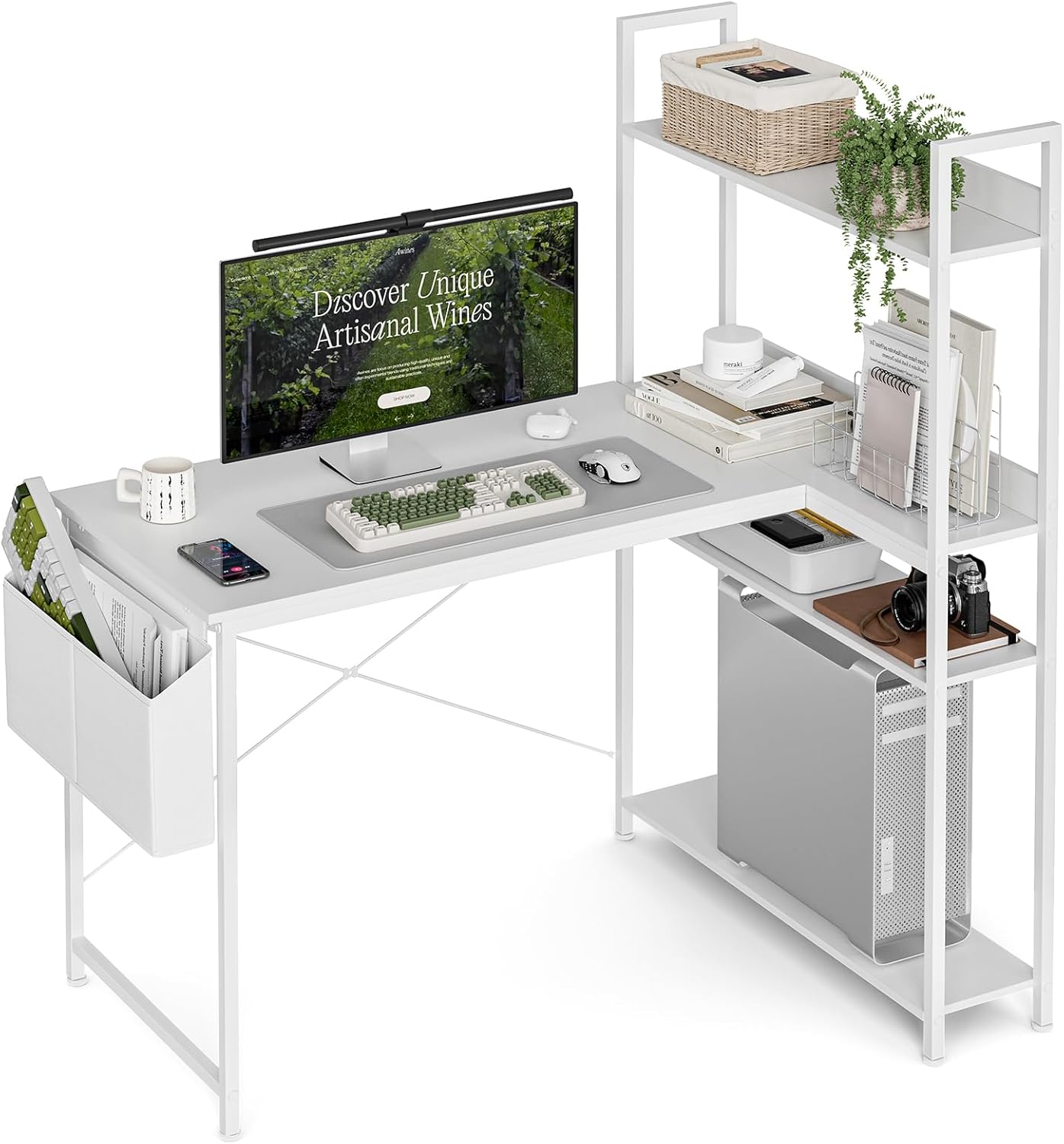 47 Inch L Shaped Computer Desk with Reversible Storage Shelves, Home Office Corner Desk Study Writing Table with Hutch, Study, White