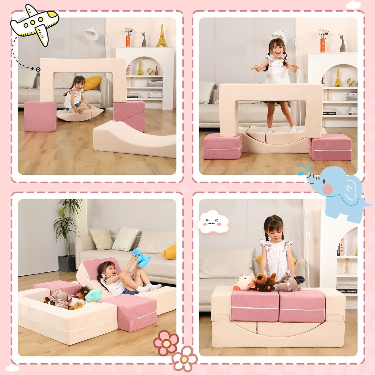 Modular Kids Play Couch, Kids Sofa Toddler Couch, Foam Play Set with Recliner, Toddler Sofa for Creative Boys & Girls, Convertible Foam Climbing Blocks