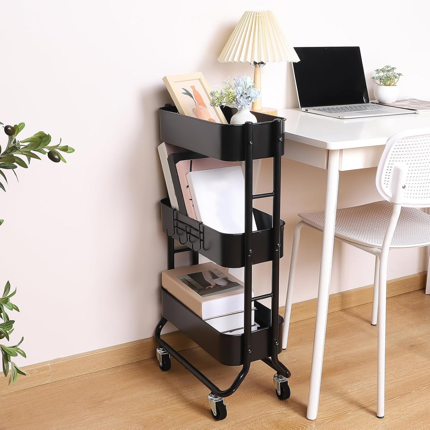 MAX Houser Slim 3-Tier Rolling Utility Cart, Narrow Metal Bathroom Storage Multifunctional Organizer Carts with Wheels with Extra Hook, Laundry Room,Kitchen,Small Space(Black)
