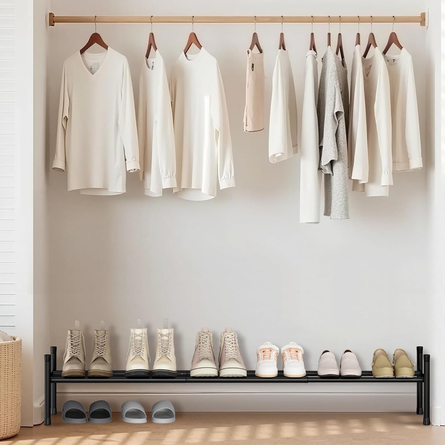 STORAGE MANIAC Long Expandable Shoe Rack, 6 Pairs Metal Wide Stackable Shoe Rack, Adjustable Shoes Shelf, Freestanding Shoes Organizer for Closet, Entryway, Hallway, Garage, Front Door, 1 Tier