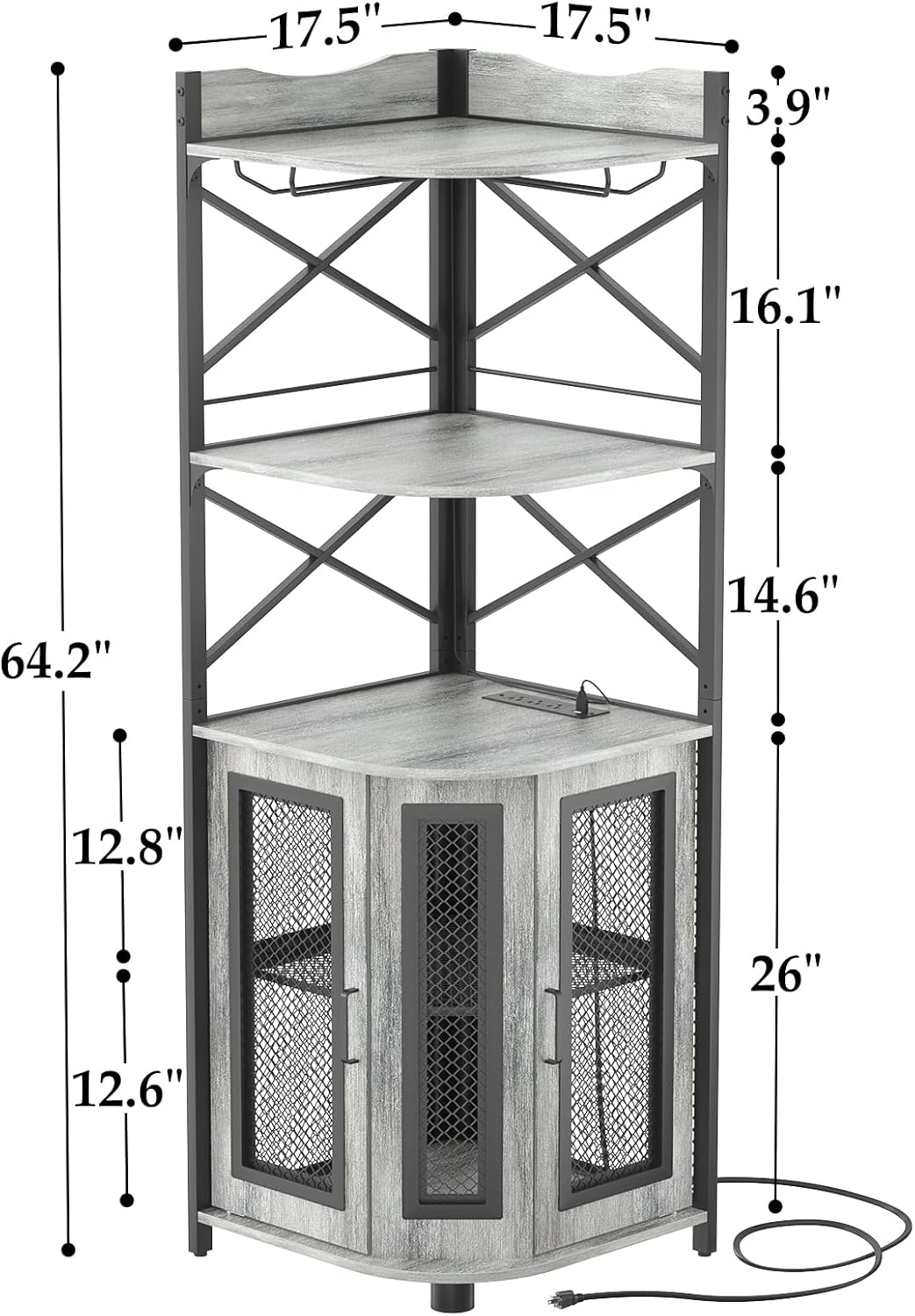 Aheaplus Corner Bar Cabinet with Power Outlet, Industrial Wine Cabinet with LED Strip and Glass Holder, 5-Tiers Liquor Cabinet Bar Unit for Home, Corner Display Cabinet for Small Space, White Oak