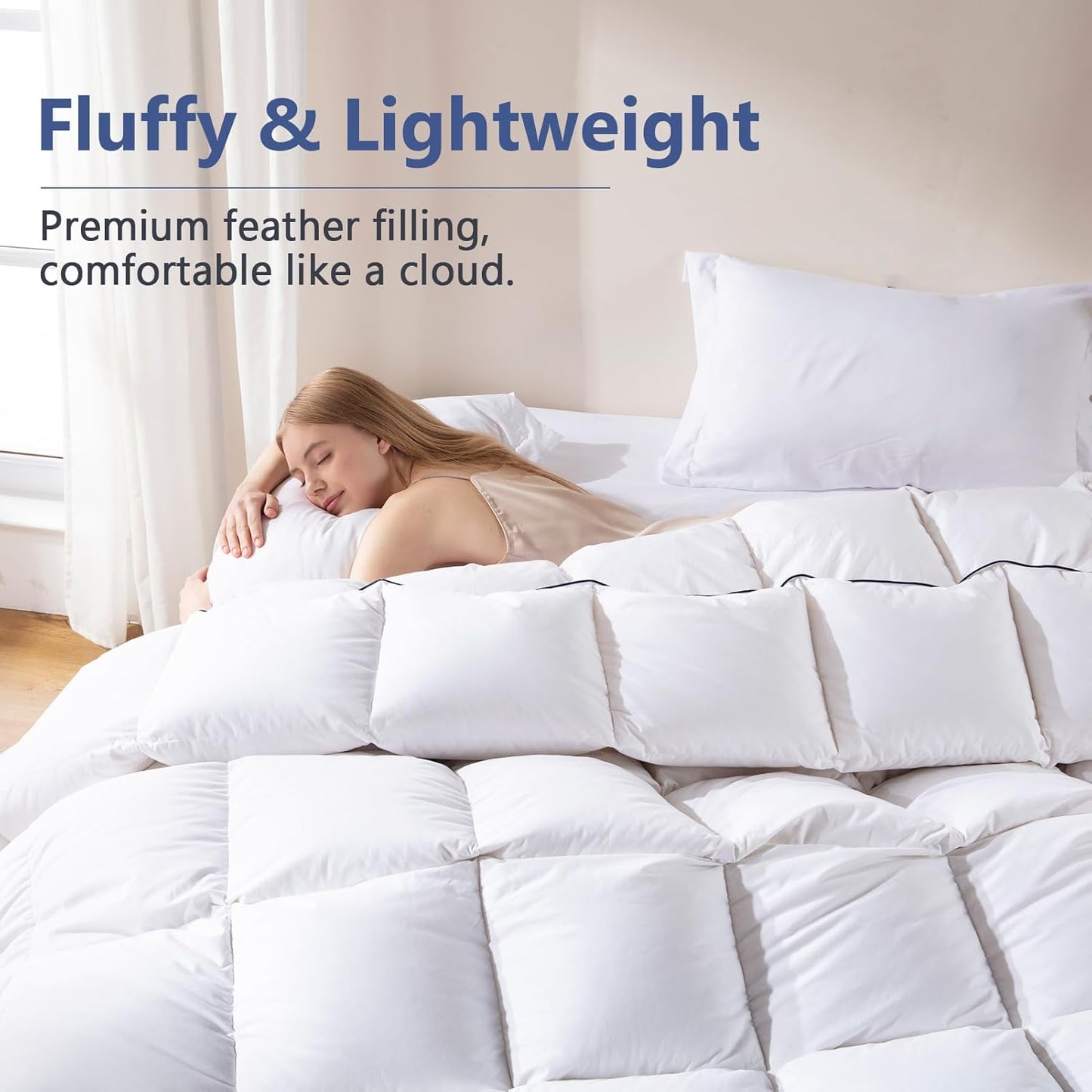 DOWNCOOL Feather Comforter Oversized Queen, 100% Cotton White Duvet Insert, All Season Ultra Soft Hotel Collection Bedding Comforters with Corner Tabs, Oversized Queen Size 98 x 98 Inch