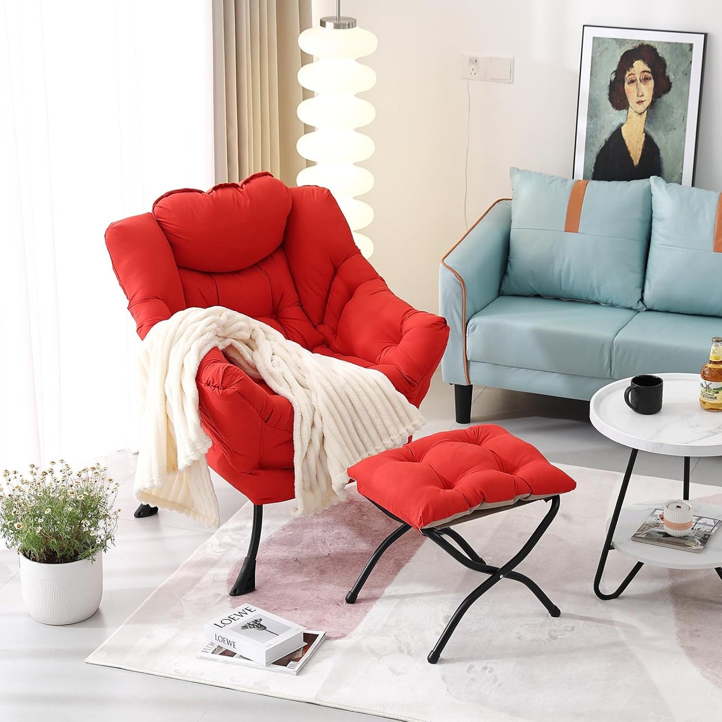 Lazy Chair with Ottoman, Modern Accent Chair Contemporary Lounge Leisure Sofa Chair with Armrests, Reading Chair and Folding Footstool Set for Living Room, Bedroom, Office, Red