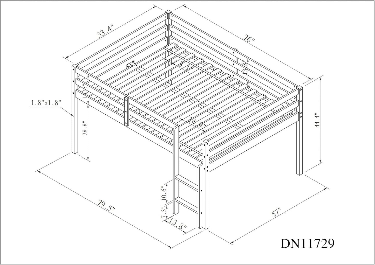 HomSof Full Loft Bed with Guard Rail & Ladder,No Box Spring Needed,Easy Assembly,White
