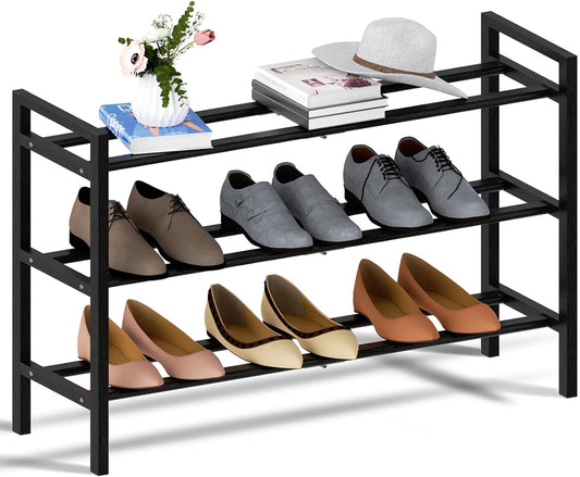 Haddockway Bamboo Shoe Rack for Closet, Free Standing Shoe Organizer with Smooth Round Rods & Convenient Handles, Stackable Shoe Storage Shelf for Entryway, Hallway(Black, 3-Tier)