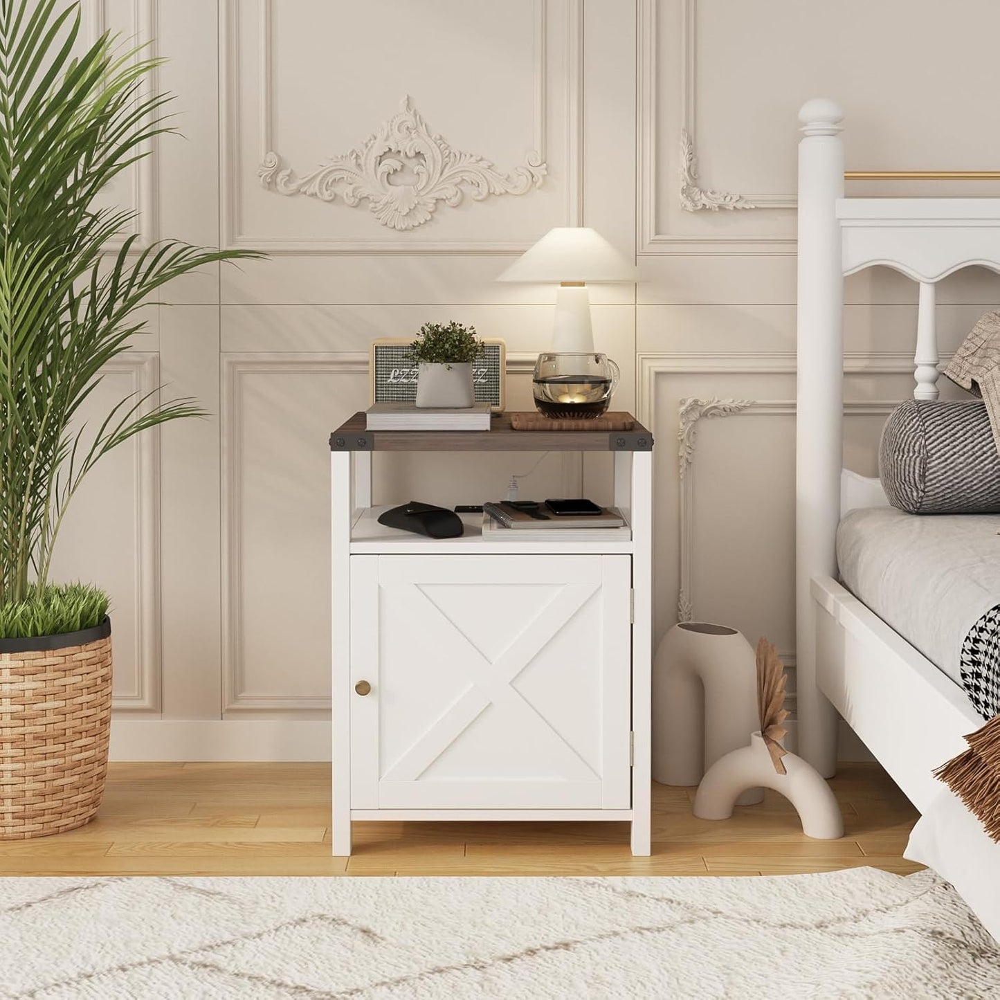 Farmhouse Nightstand Set of 2 with Charging Station, Rustic End Table Bedroom with Storage Living Room Side Table White Night Stand Industrial Bedside Bed Table with USB Ports and Outlets