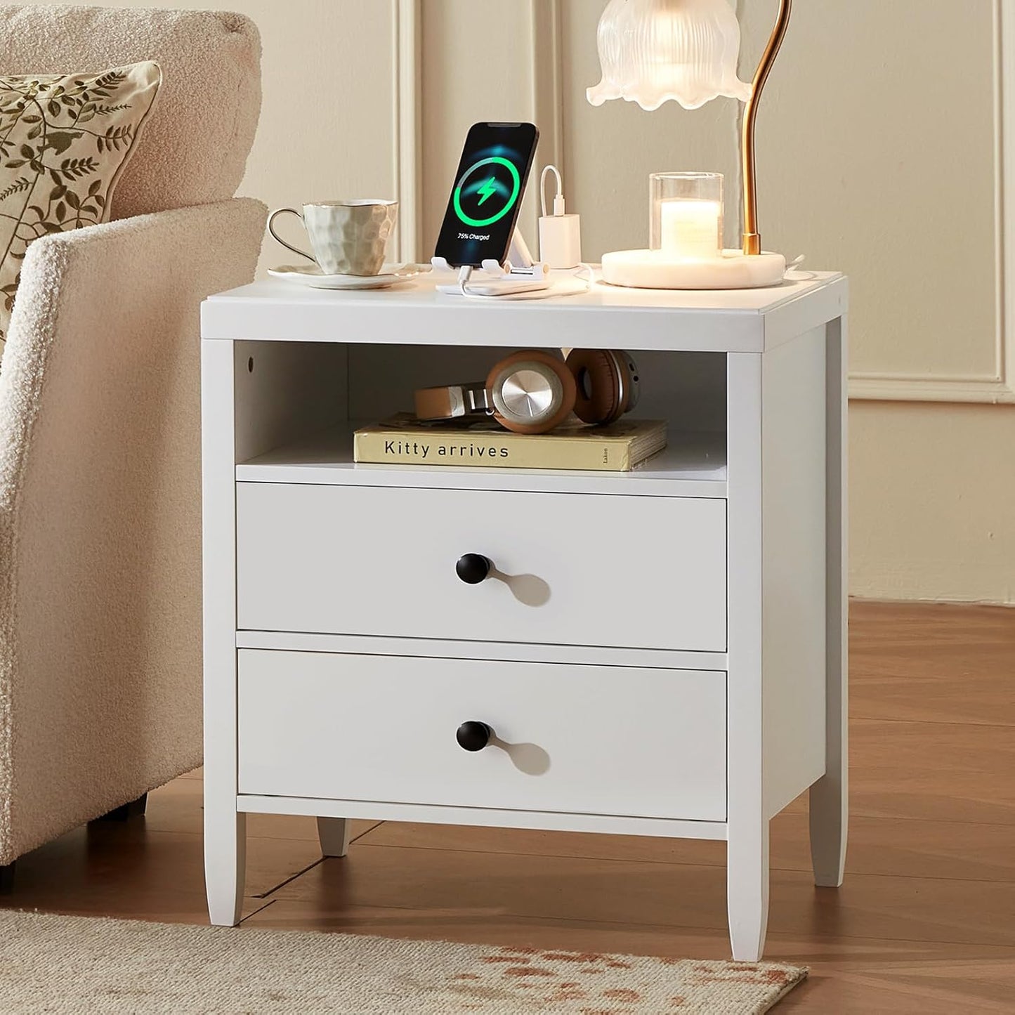 Huuger Nightstand with Charging Station, White Nightstand with 2 Drawers, Bed Side Table for Bedroom, Bedside Table with Storage, Modern Nightstands, Metal Knobs, Painted Surface