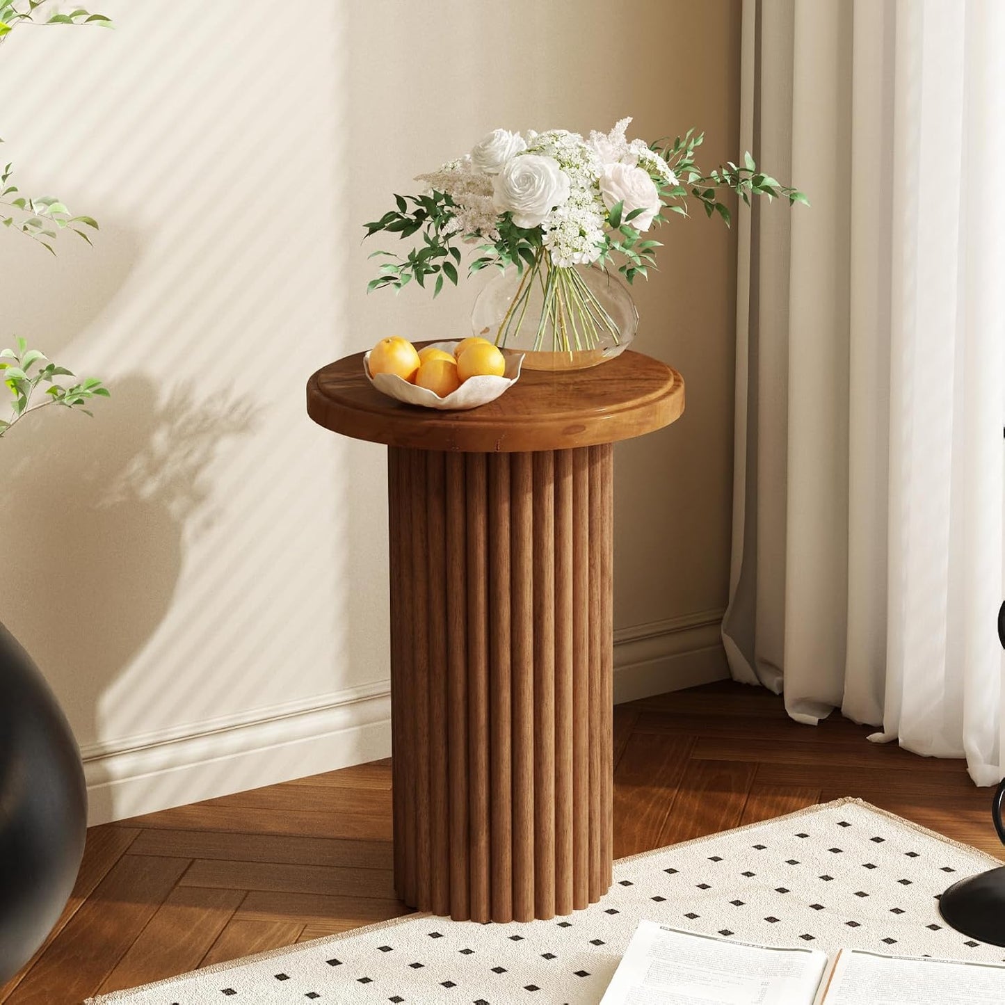 Round Wood Side Table, Fluted Accent Table, Small End Table for Living Room, Bedroom, Fully Assembled