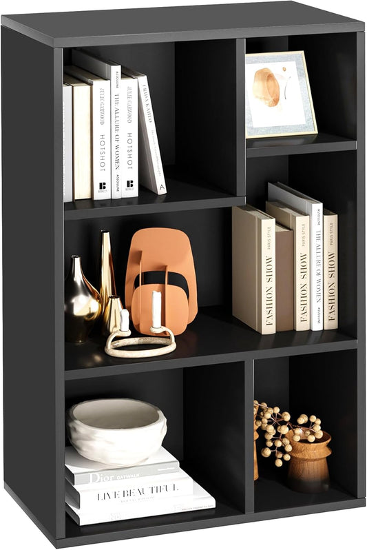 VECELO Modern Bookshelf, 5 Cube Shelf, Fits Tallest Hardcovers, Horizontal Available, Storage Organzier for Home Office, Matte Black