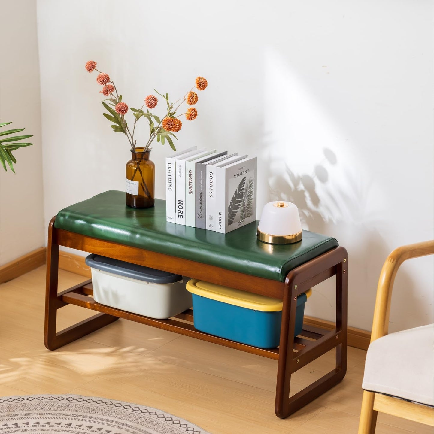 Solid Wood Shoe Bench, 2-Tier Entryway Bench with Cushion and Flip-Open Storage Box, Mid-Century Modern Shoe Bench Rack for Hallway, Mudroom(Green, 21.65'')