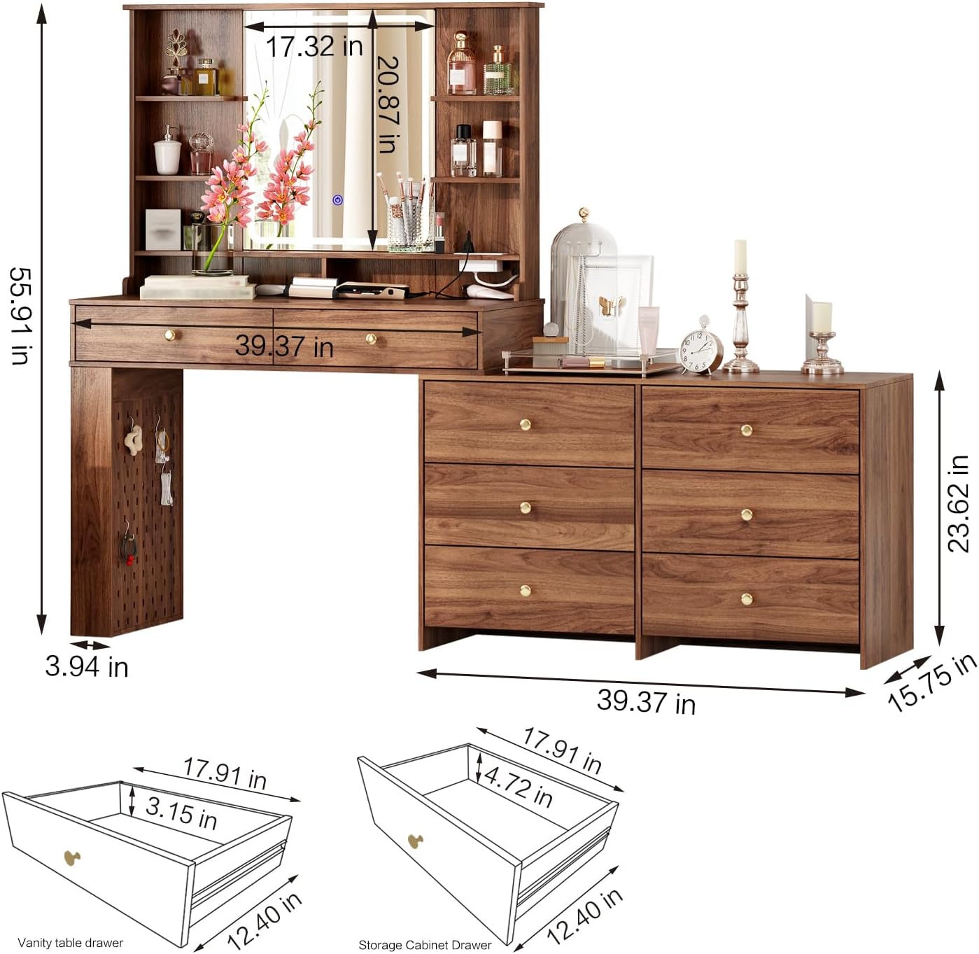 Large Makeup Vanity Desk with Mirror and Lights, Vanity Desk with 8 Drawers & Storage Shelves, Vanity Table with Power Outlet, 3 Color Modes & Adjustable Brightness Dressing Table, Bedroom,Walnut
