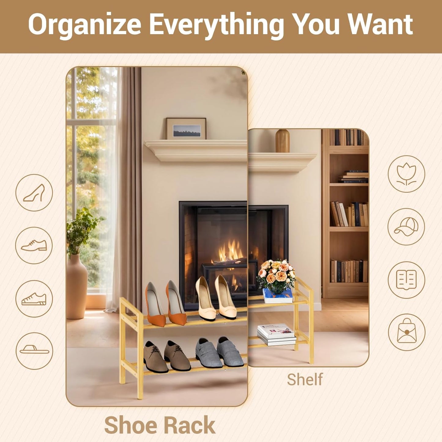 Haddockway Bamboo Shoe Rack for Closet, Free Standing Shoe Organizer with Smooth Round Rods & Convenient Handles, Stackable Shoe Storage Shelf for Entryway, Hallway(Natural, 2-Tier)