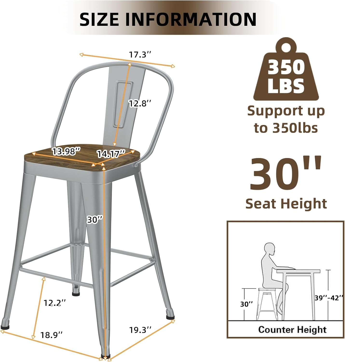 Metal Bar Stools Set of 4, High Back Bar Stools with Wooden Seat, 30 inch Silver Barstools for Kitchen Island