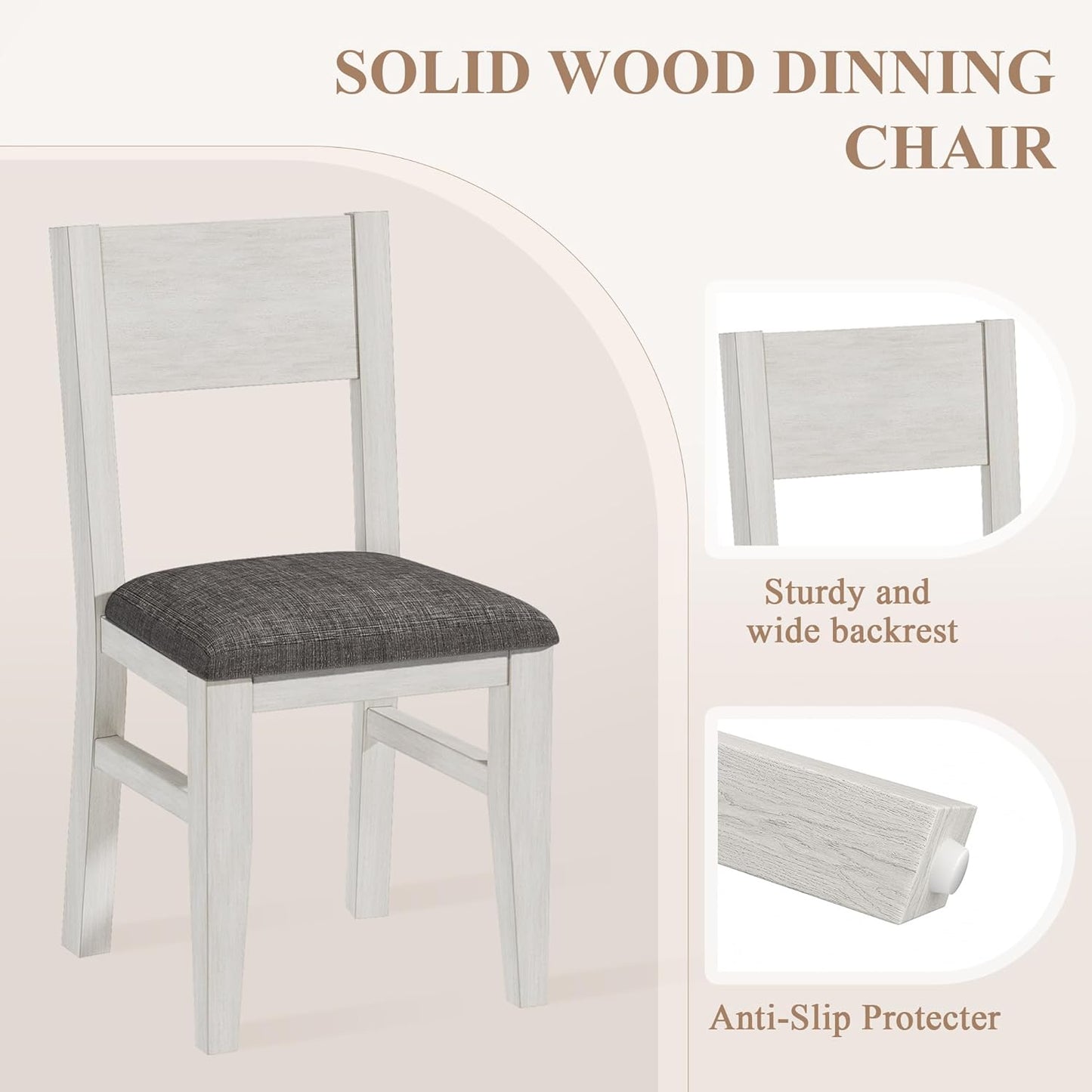 5-Piece Square Dining Table Set for 4, 38.2'' Solid Wood Kitchen Table with 4 Upholstered Chairs & 2 Drawers for Dining Room, Kitchen, Small Space, Washed Gray