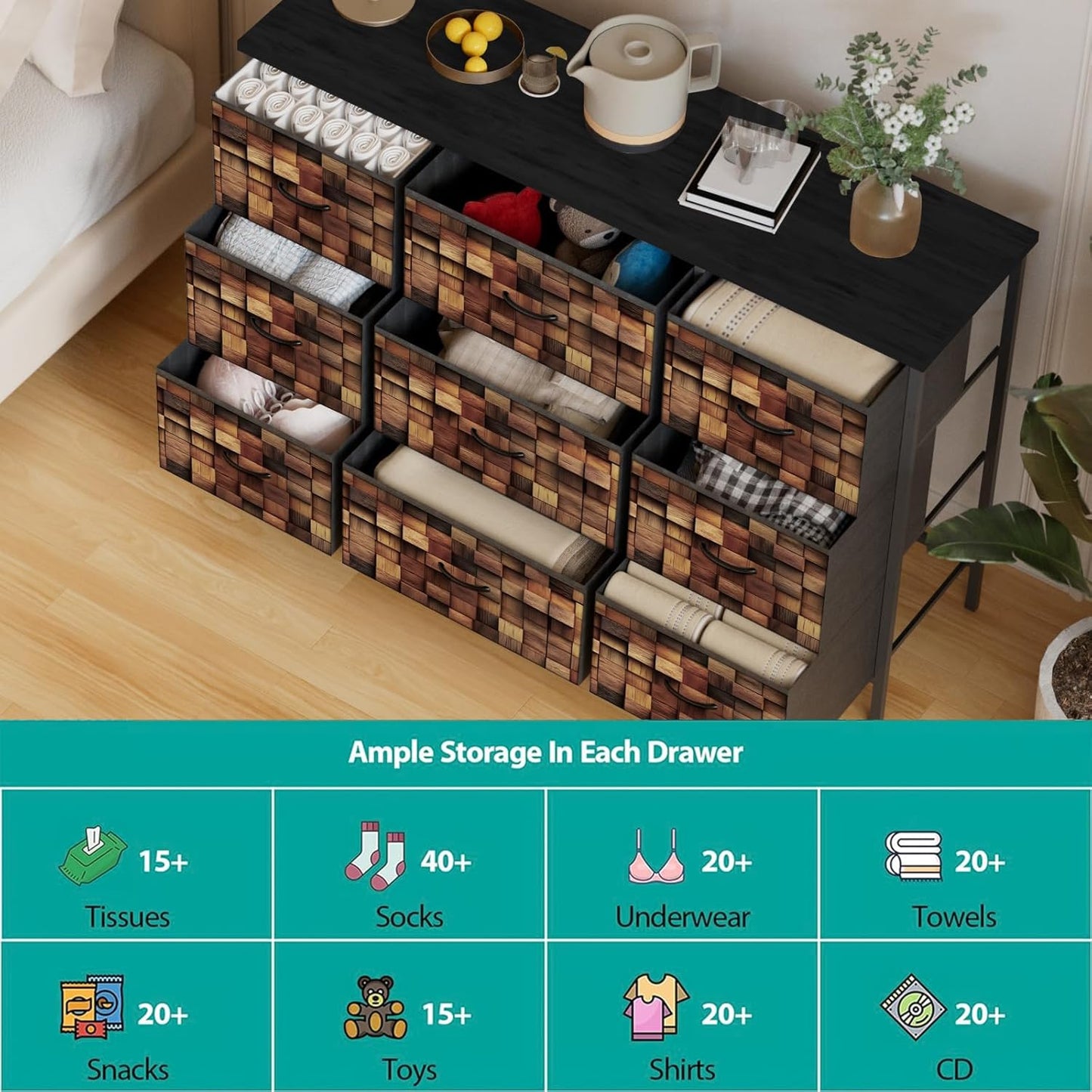 TV Stand with 9 Drawers, Chest of Drawers with Fabric Bins, Black Wood Top Dresser for Bedroom, Storage Organizer Cabinet for Closet (Brown)