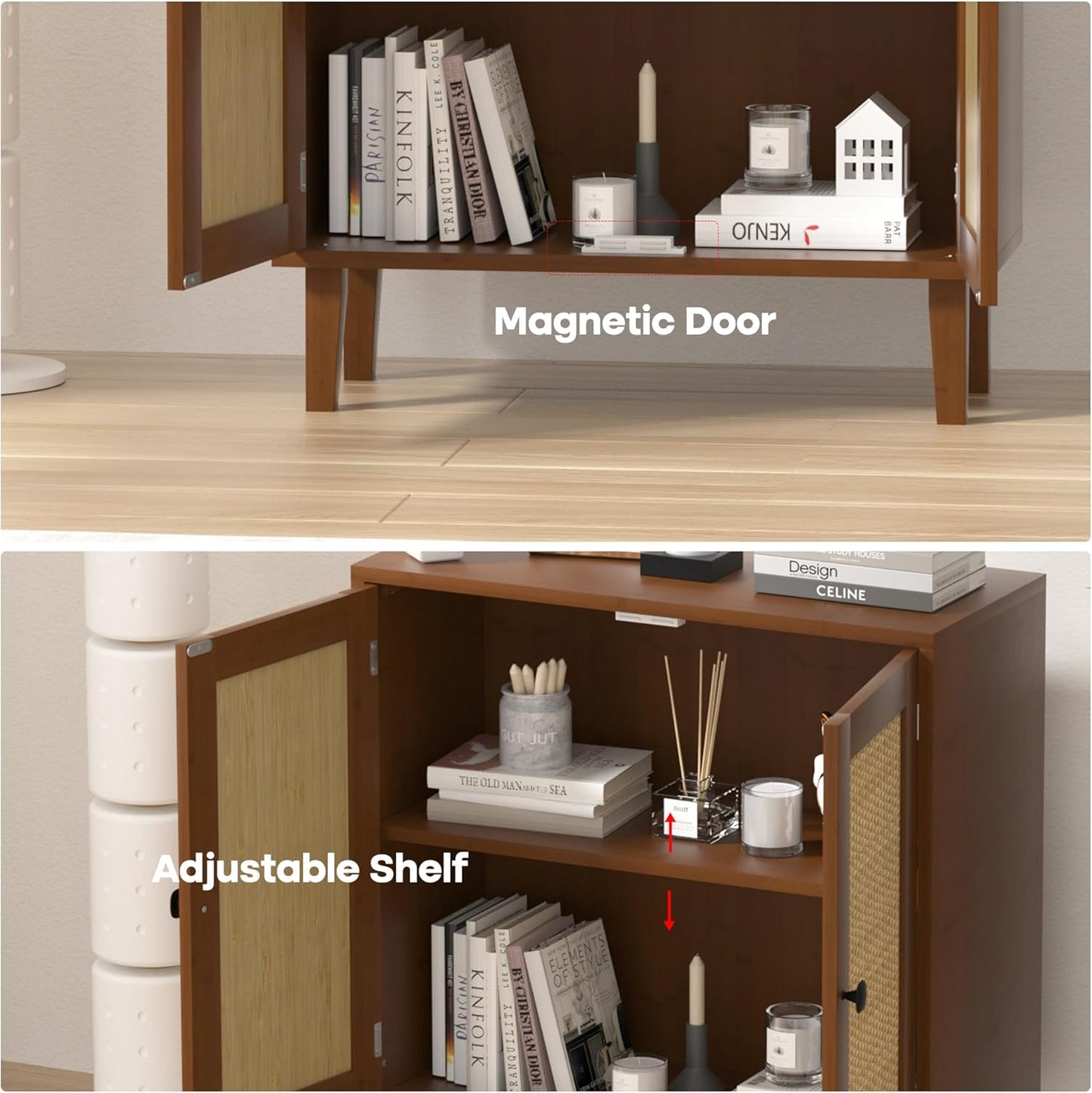 Bamboo Sideboard Buffet Cabinet with Rattan 2 Doors Kitchen Cupboard Accent Entryway Living Room Cabinet Chestnut Brown