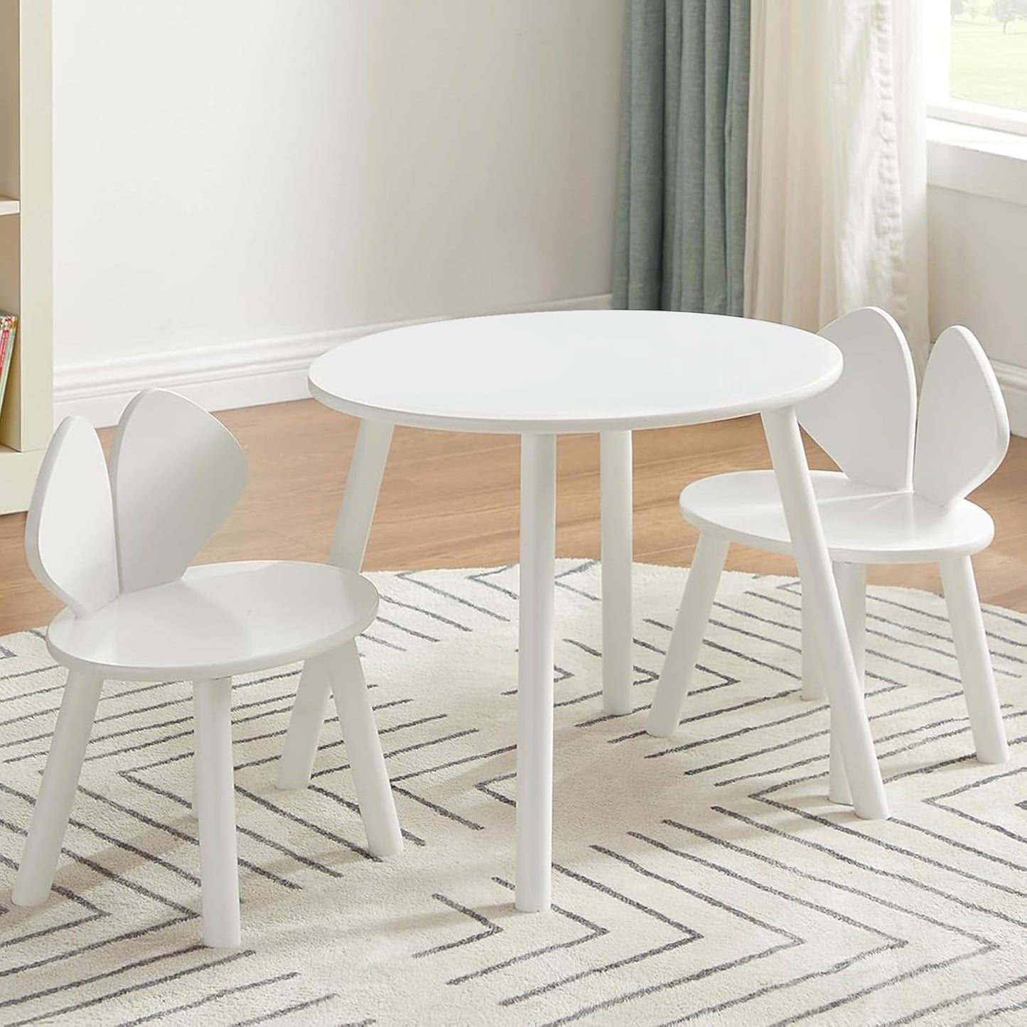 VECELO Kids Table and Chair Set, Wooden Oval Toddler Table with 2 Bunny Ear Chairs, Playroom Furniture for Drawing, Crafts, and Activities, Easy Assembly, Pure White