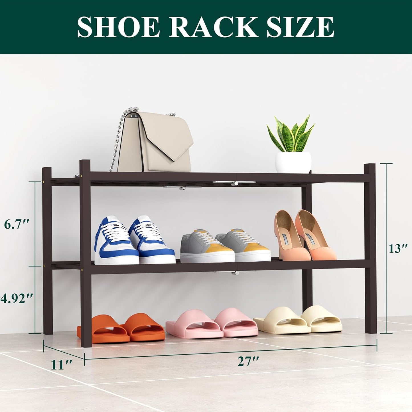 Smiry Shoe Rack, 2 Tier Thick Bamboo Shoe Organizer, Stackable Free Standing Wooden Shoe Storage Shelf for Closet, Entryway, Front Door Entrance, Brown