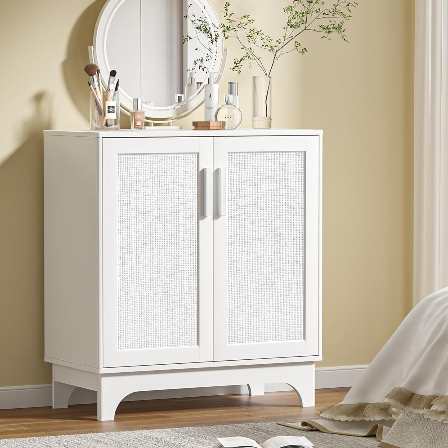 Rattan Cabinet, Sideboard Storage Cabinet with 2 Doors Buffet Cabinet with Adjustable Shelf Large Space, Kitchen Sideboard Buffet for Entryway Hallway