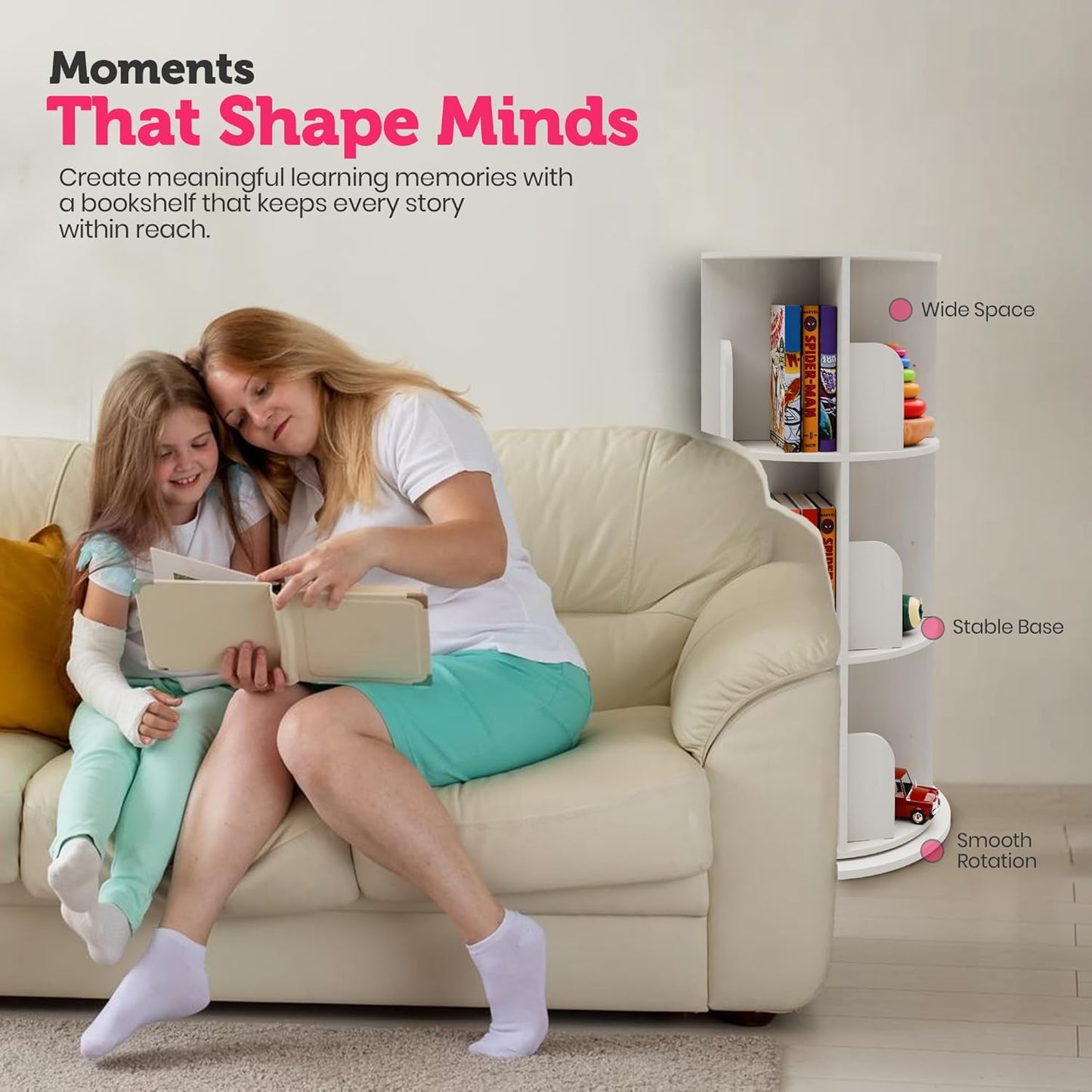 Rotating Kids Bookshelf – 3-Tier 360° Spinning Bookcase Tower, Solid Pine Wood, 12 Cubbies, Toddler Bookshelf Organizer & Lazy-Susan Storage for Nursery, Classroom or Playroom (White Finish)