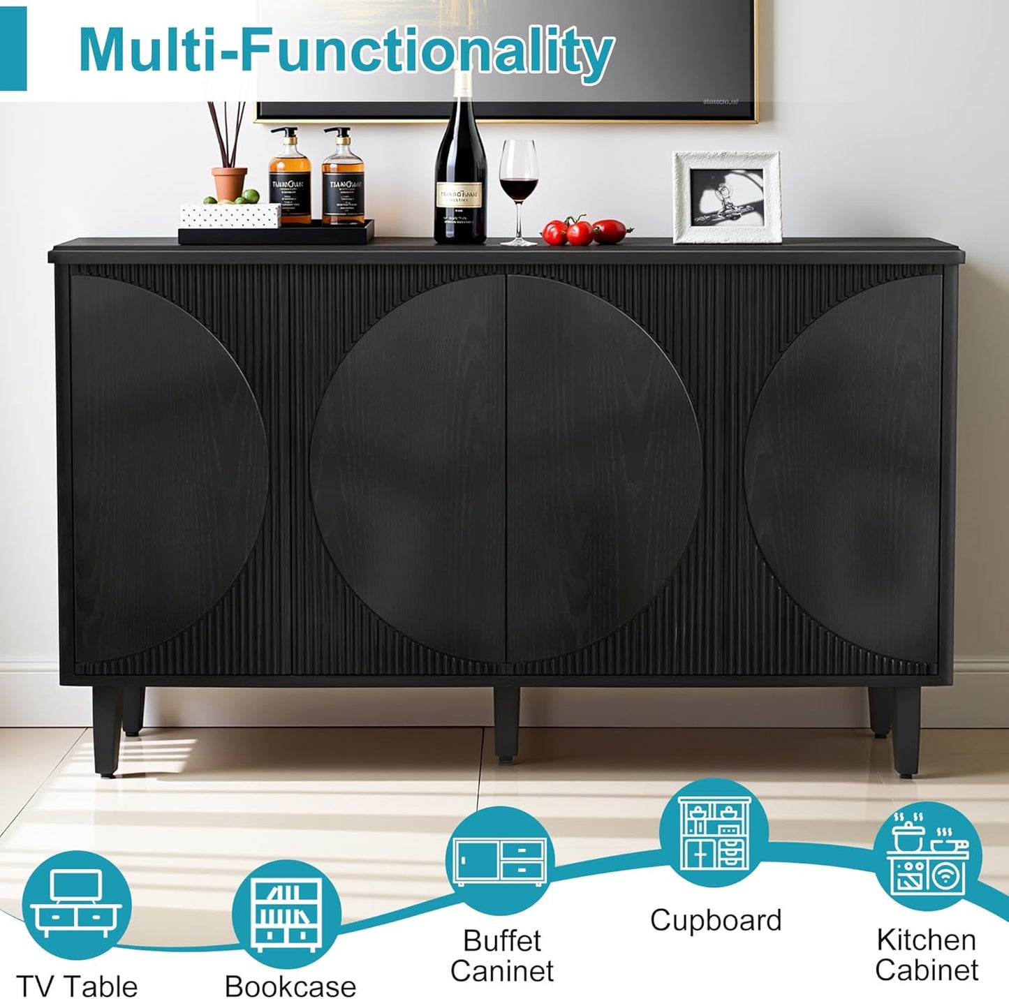 59.4" Sideboard Buffet Cabinet with Storage, Kitchen Buffet Storage Cabinet with Doors & Shelves, Modern Sideboard for Living Room, Kitchen, Hallway, Black